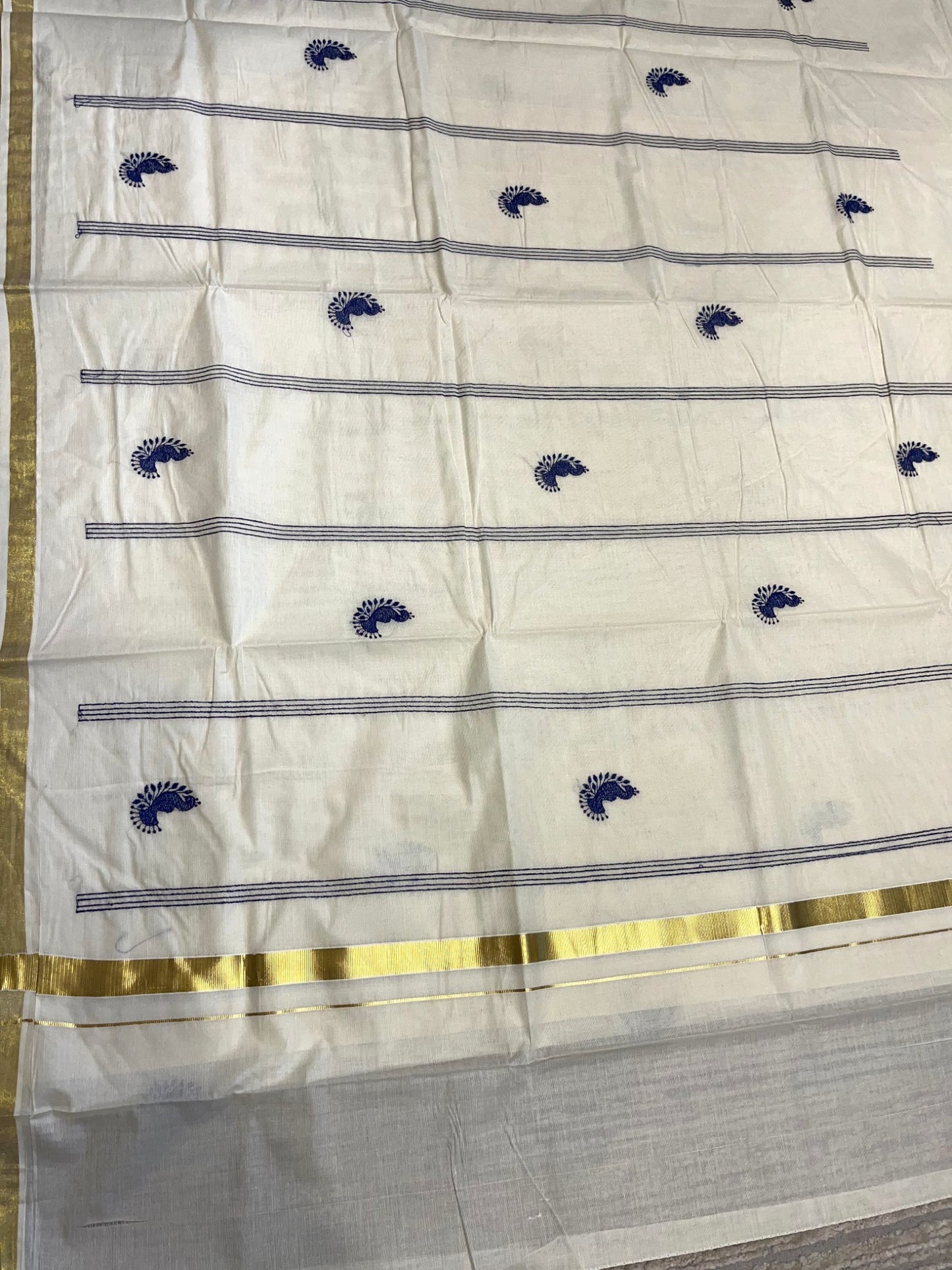Southloom Kerala Cotton Kasavu Saree with Peacock Embroidery Works Across Body