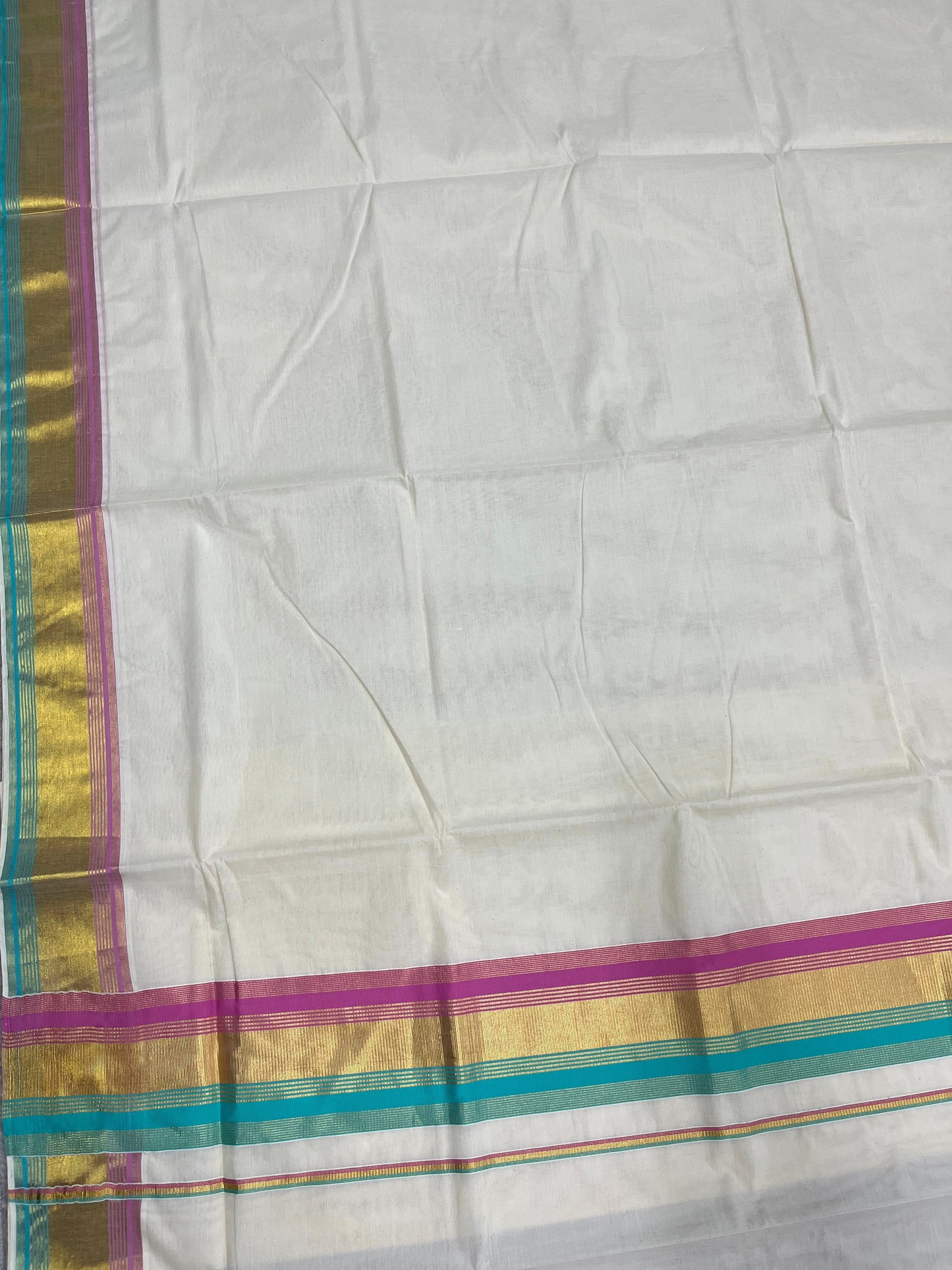 Southloom Kerala Cotton Kasavu Saree with Turquoise And Light Pink Border