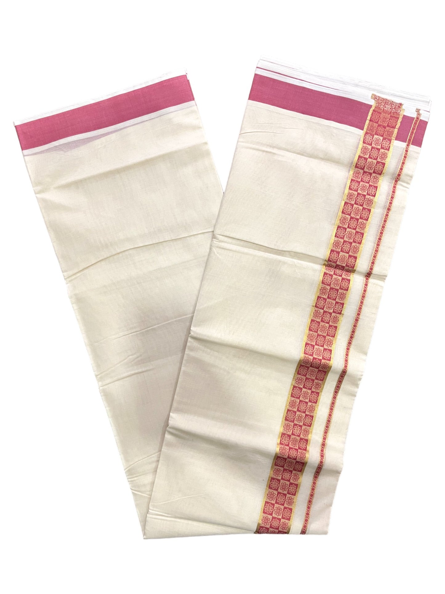 Kerala Pure Cotton Double Mundu with Kasavu and Pink Woven Border (Vishu 2024 Collection)