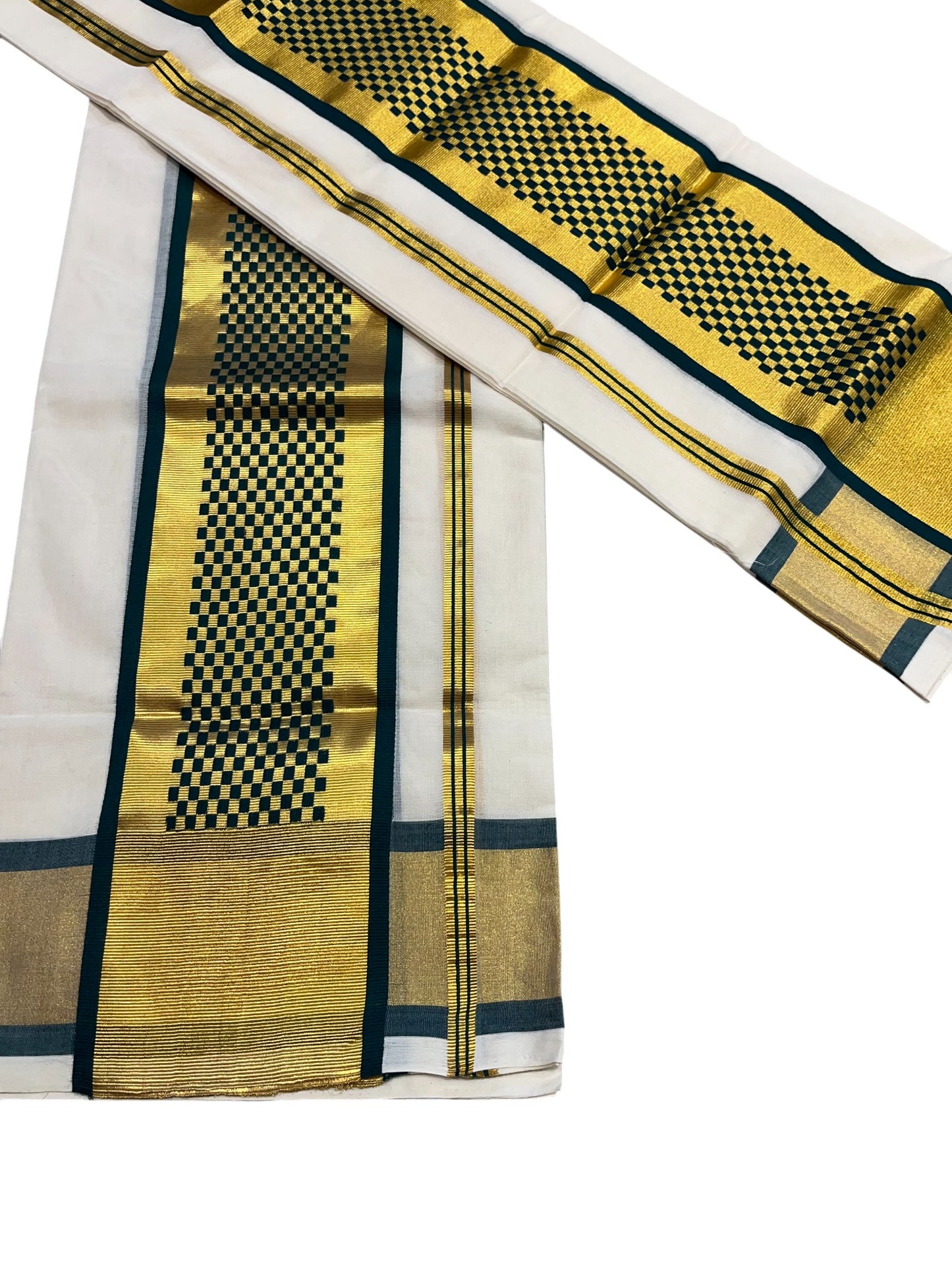 Southloom Premium Handloom Set Mundu with Kasavu Green and Golden Border (2.80 Mtr)