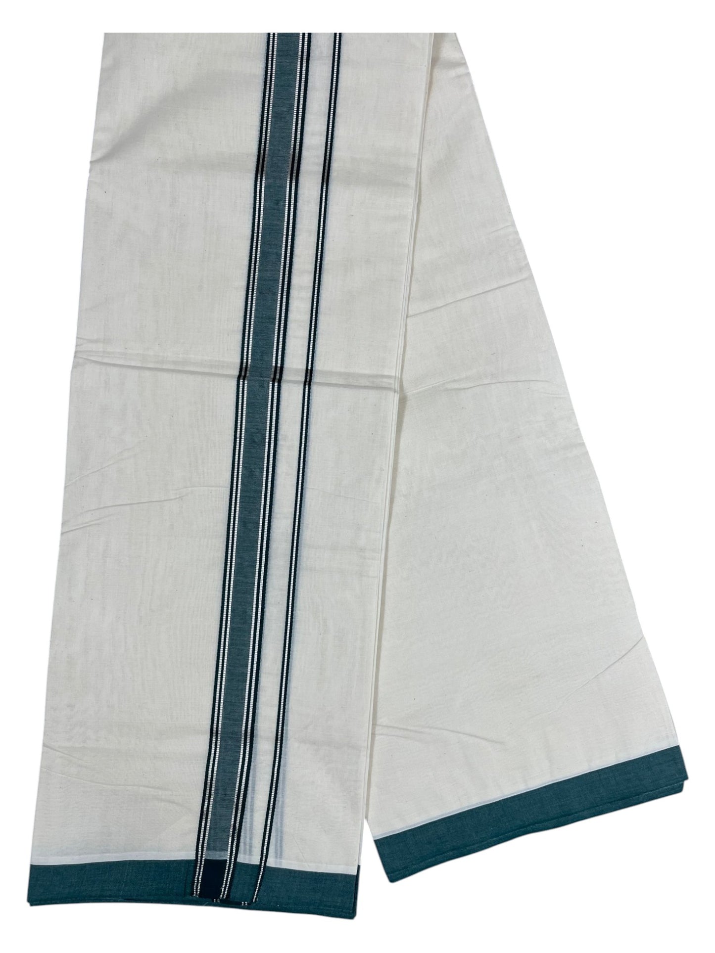 Southloom Pure Cotton Mundu with Silver Lines and Green Border (South Indian Kerala Dhoti)