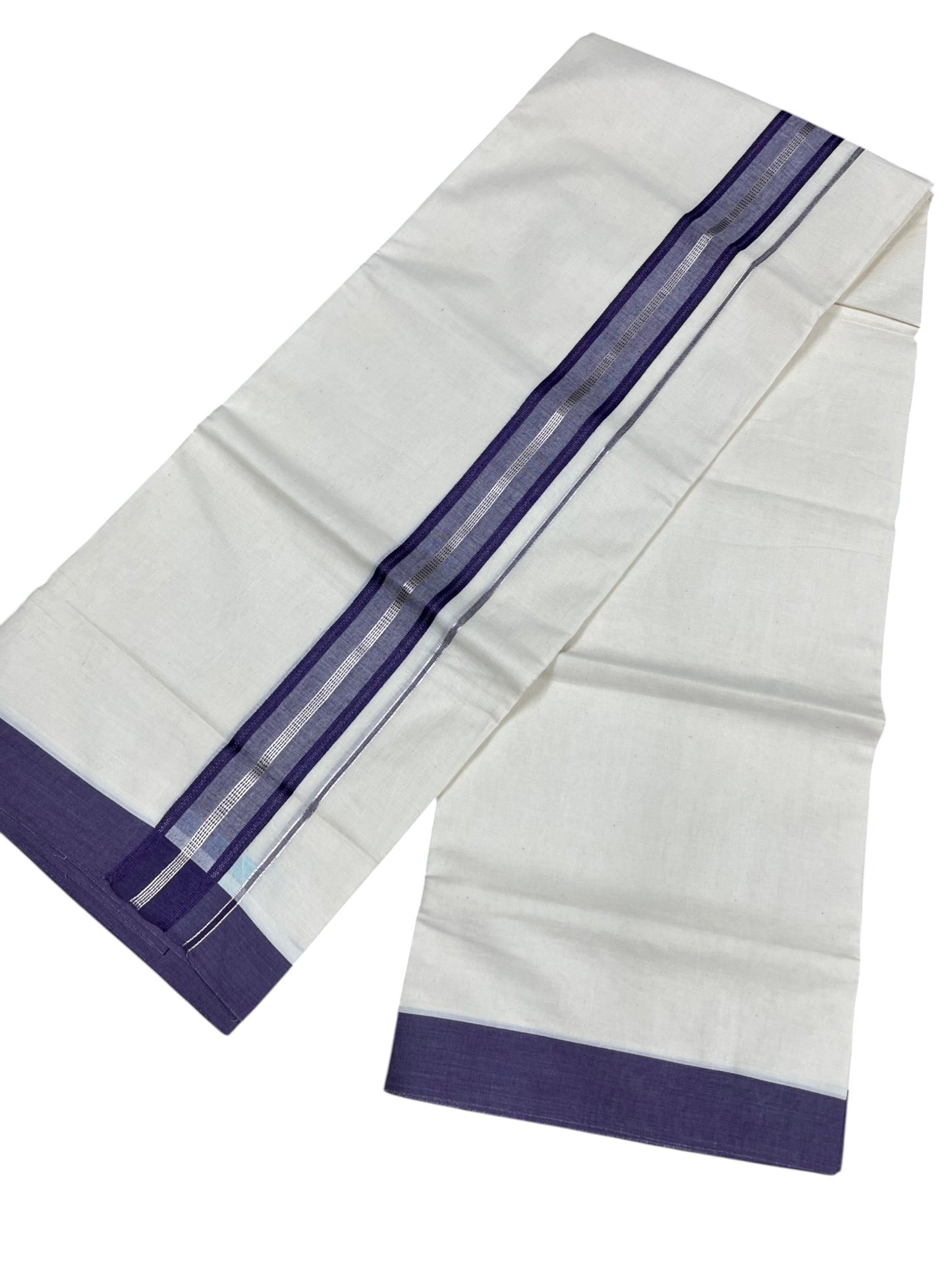 Southloom Kerala Pure Cotton Double Mundu with Silver Lines and Violet Border with (South Indian Dhoti)