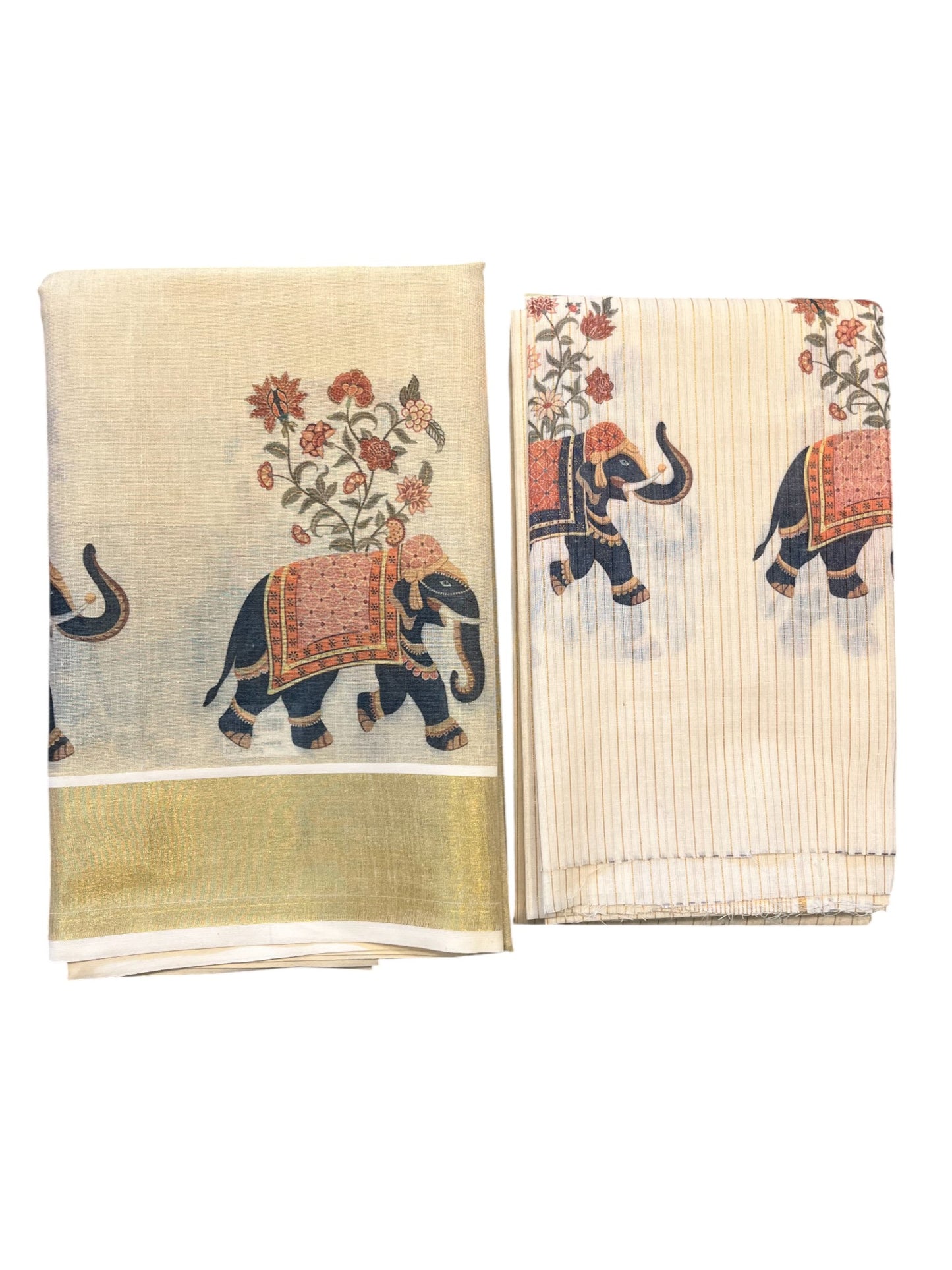 Southloom Kerala Tissue Churidar Salwar Material with  Elephant Painted Floral Designs (include Shawl / Dupatta)