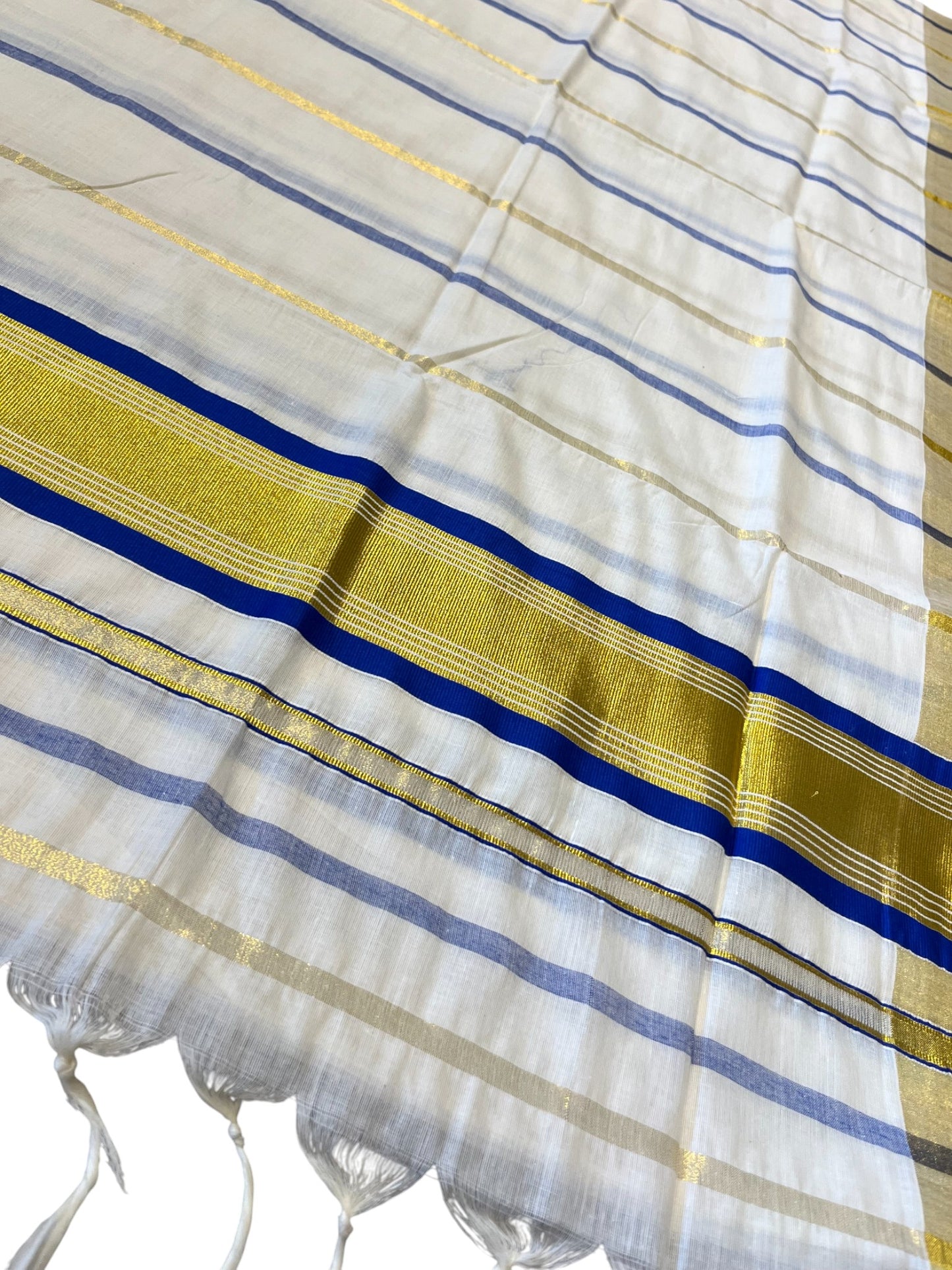 Southloom Kerala Cotton Kasavu Saree with Gold And Blue Lines on Body