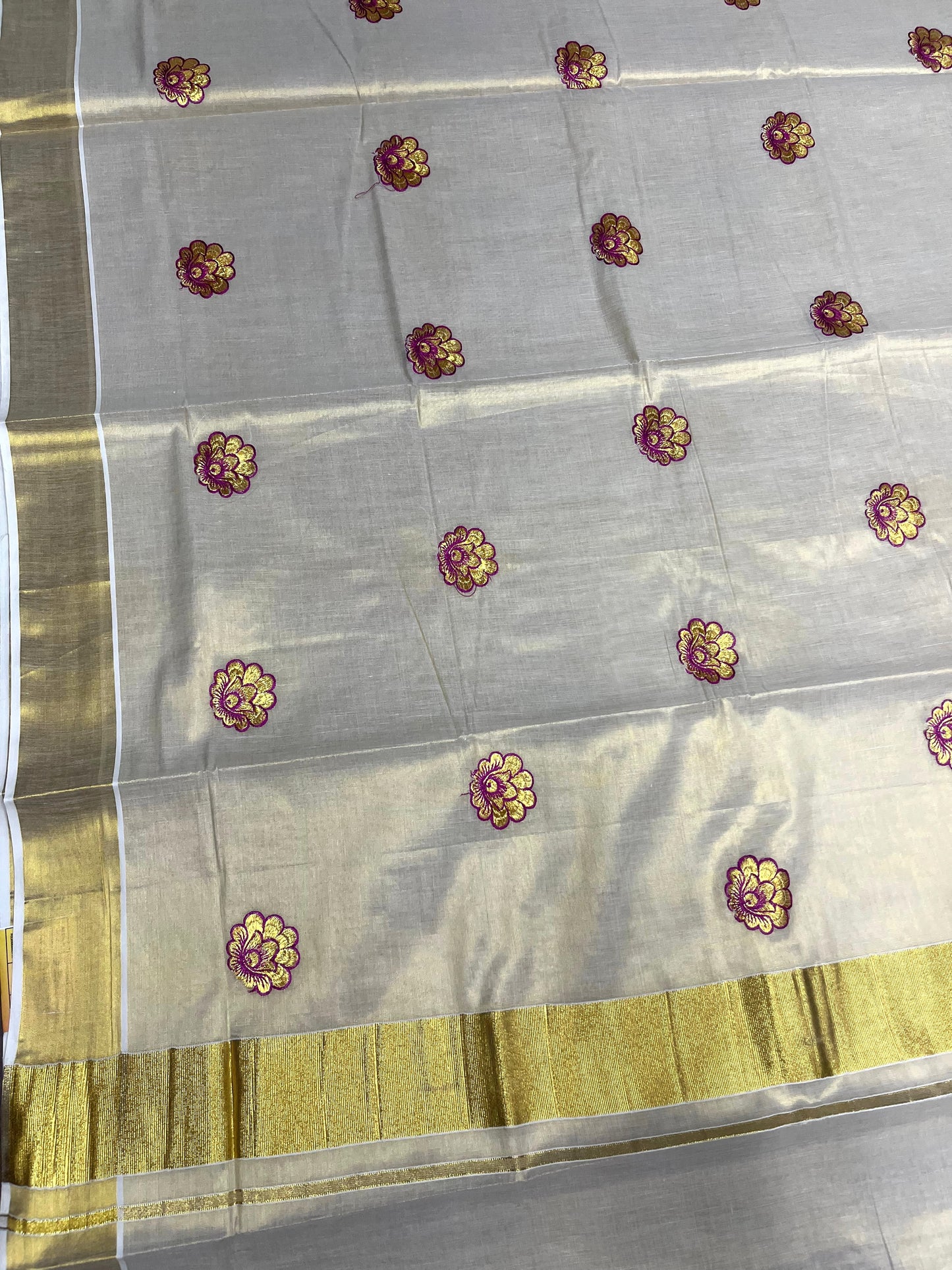Southloom Kerala Tissue Kasavu Saree with Magenta Floral Embroidery Work on Body