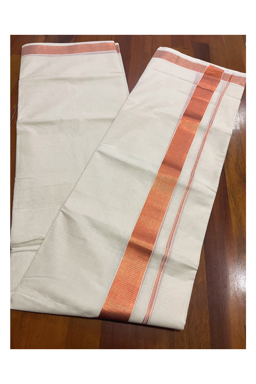 Pure Cotton Double Mundu with Copper Kasavu Kara 1.5 inches (South Indian Kerala Dhoti)