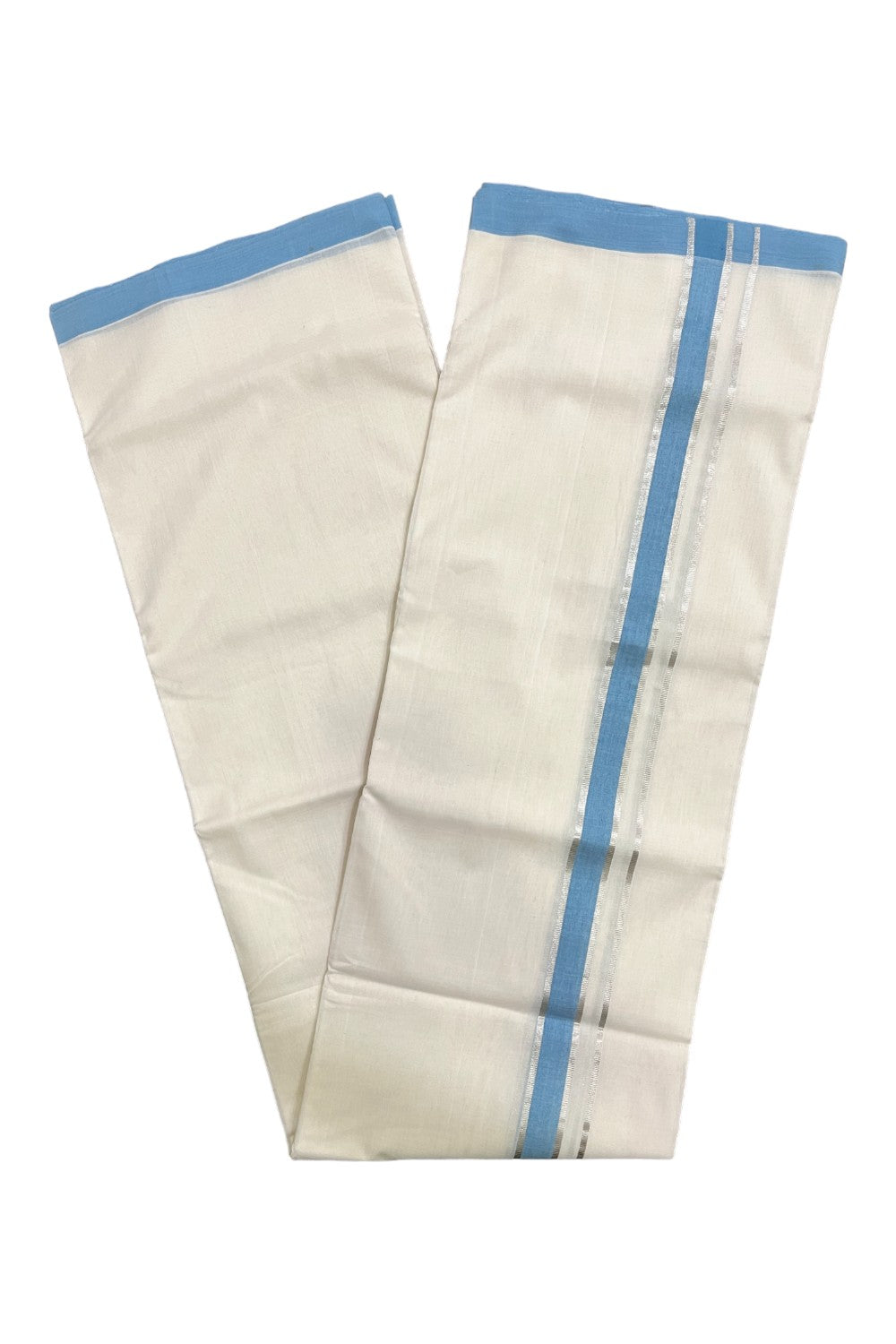 Premium Balaramapuram Handloom Unakkupaavu Cotton Double Mundu with Light Blue and Silver Kasavu Border (Vishu 2024 Collection)