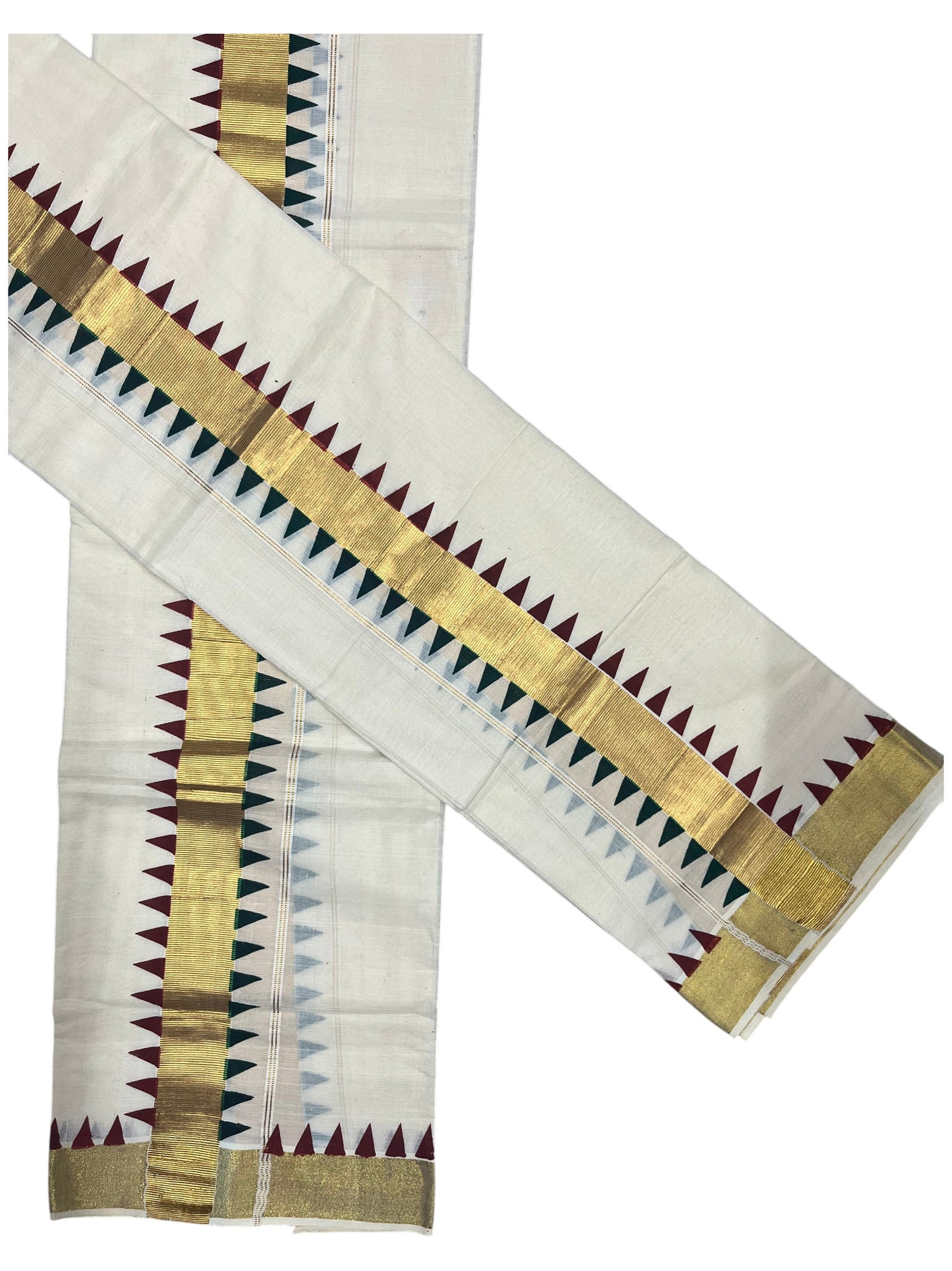 Southloom Kerala Cotton Kasavu Single Set Mundu (Mundum Neriyathum) with Green  And Maroon Temple Design Border SLKK