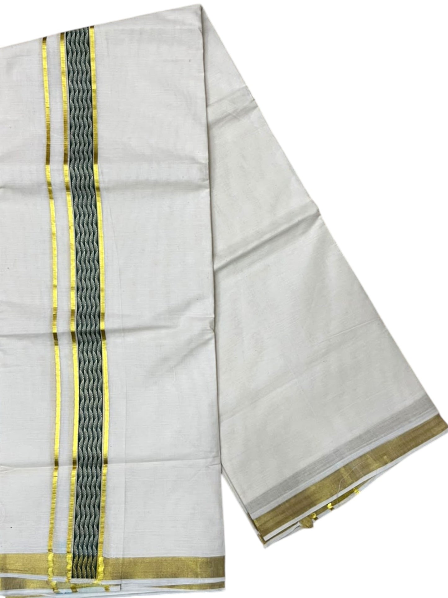 Southloom Pure Cotton Double Mundu with Green Block Printed And Ksavu Border (South Indian Kerala Dhoti)
