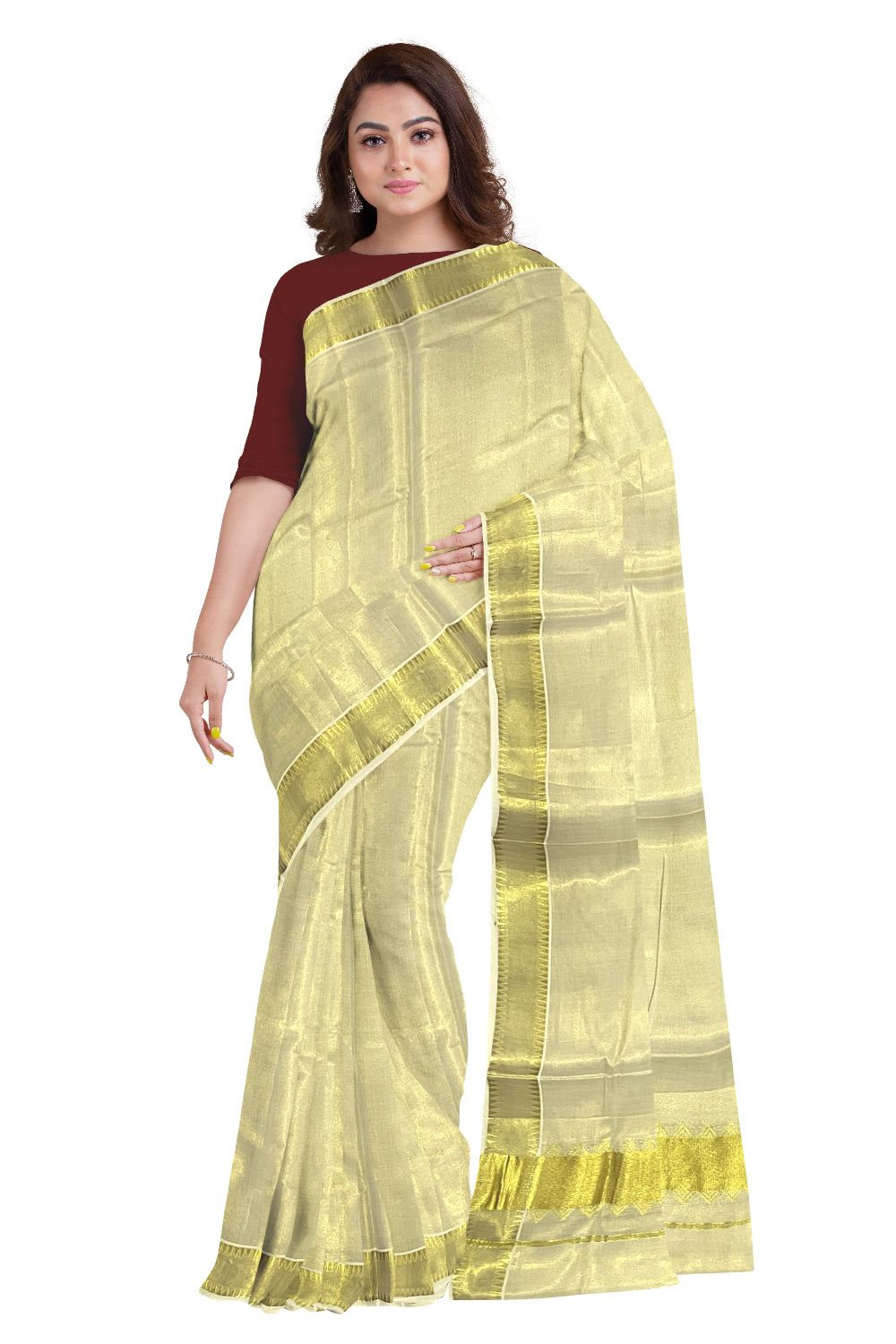 Kerala Tissue Kasavu Plain Saree With Temple Border and Pallu