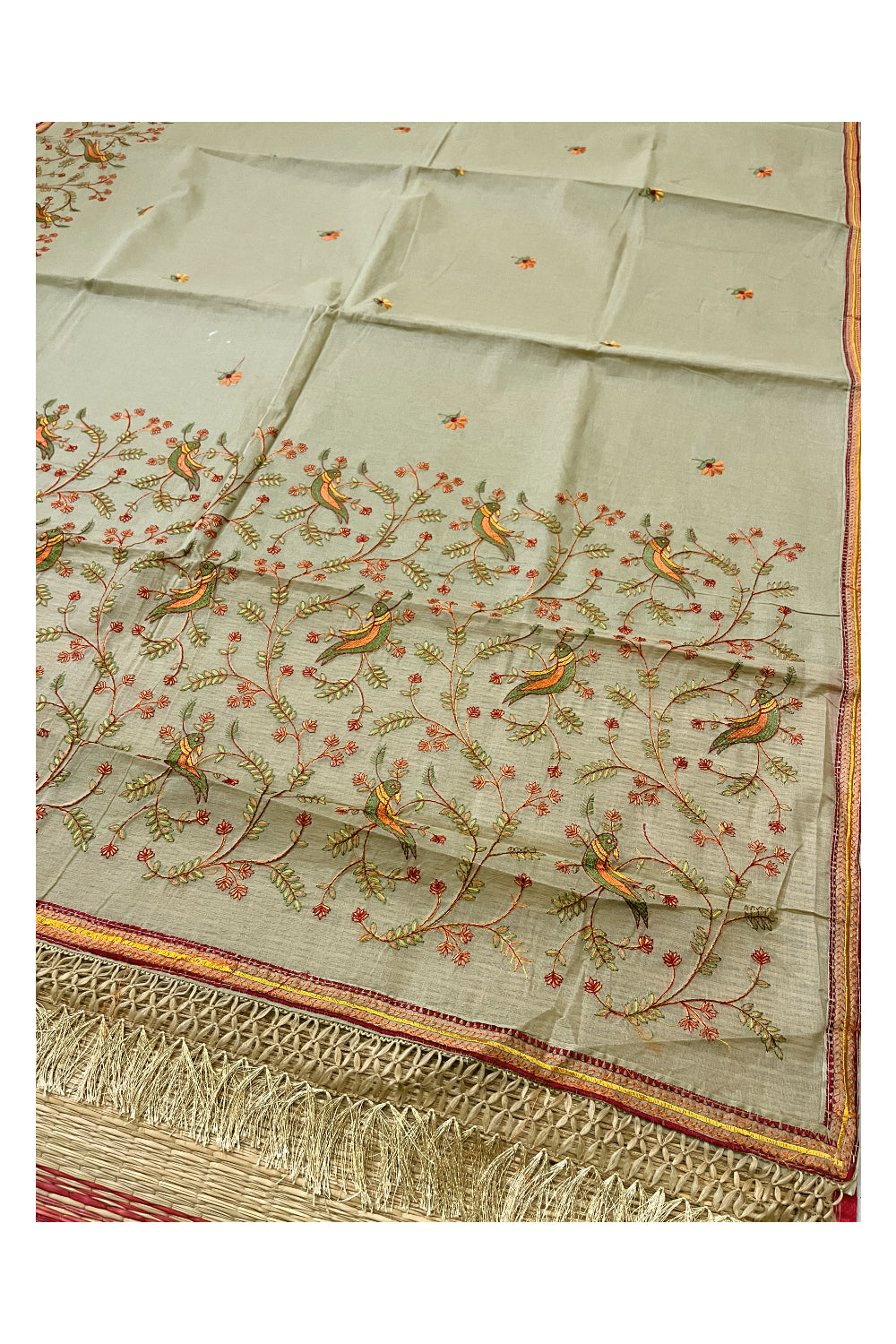 Southloom Cotton Brown Saree with Orange Thread Works
