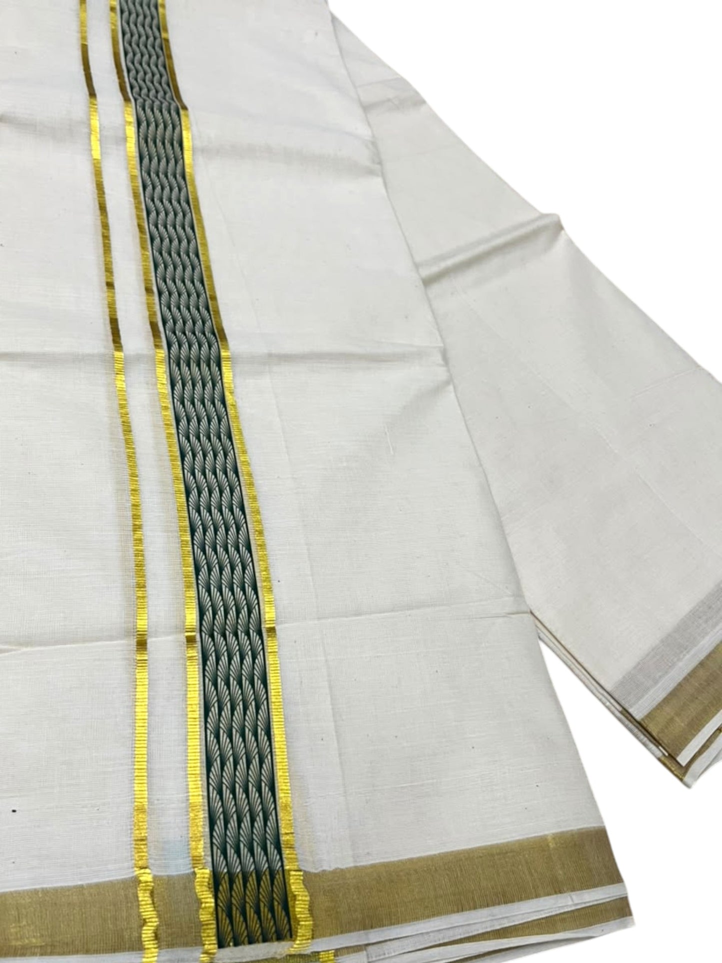 Southloom Pure Cotton Double Mundu with Green Block Printed And Ksavu Border (South Indian Kerala Dhoti)