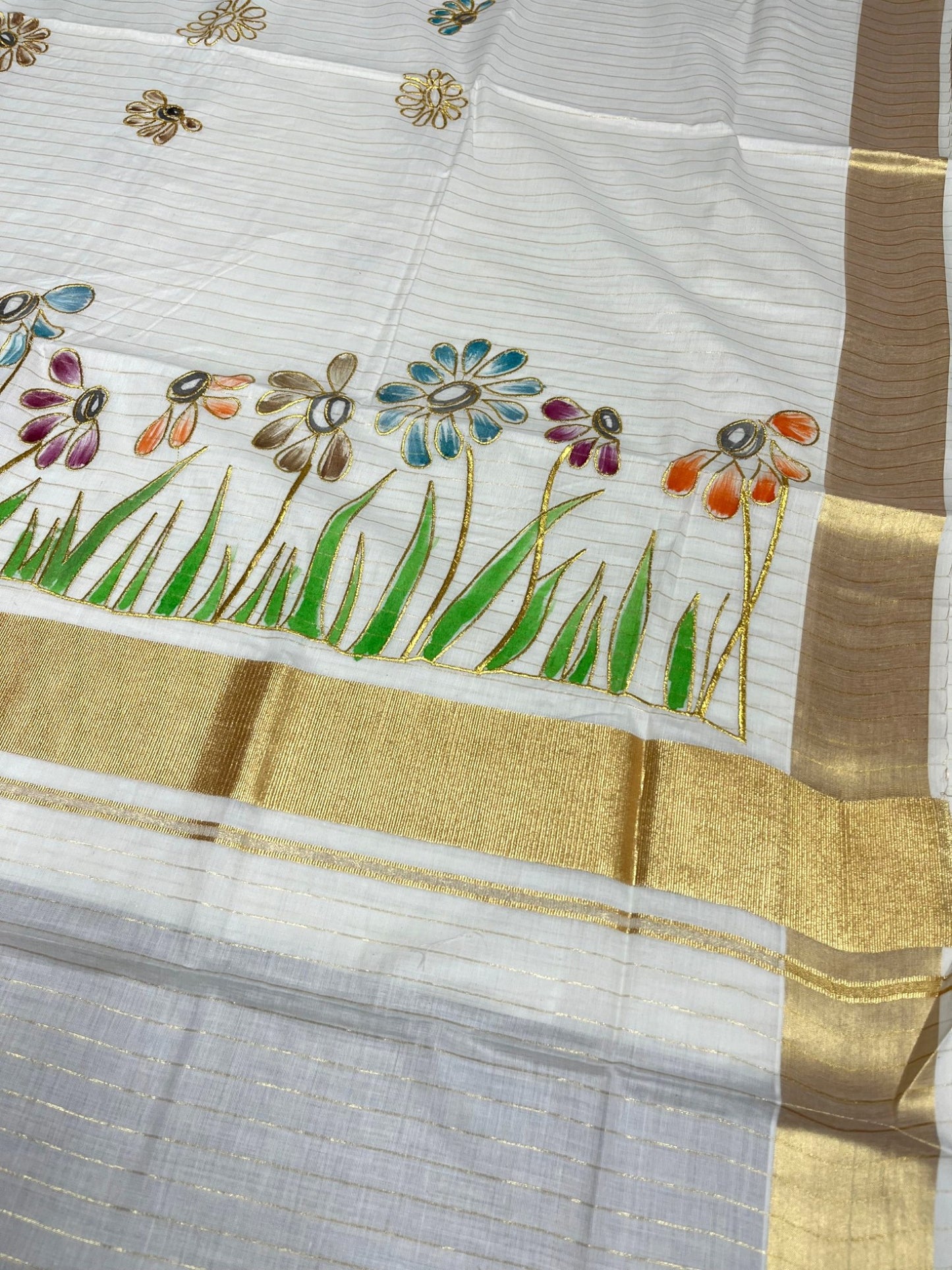 Southloom Cotton Kerala Kasavu Stripes Saree with Floral and Handpainted Embroidery Design in Body
