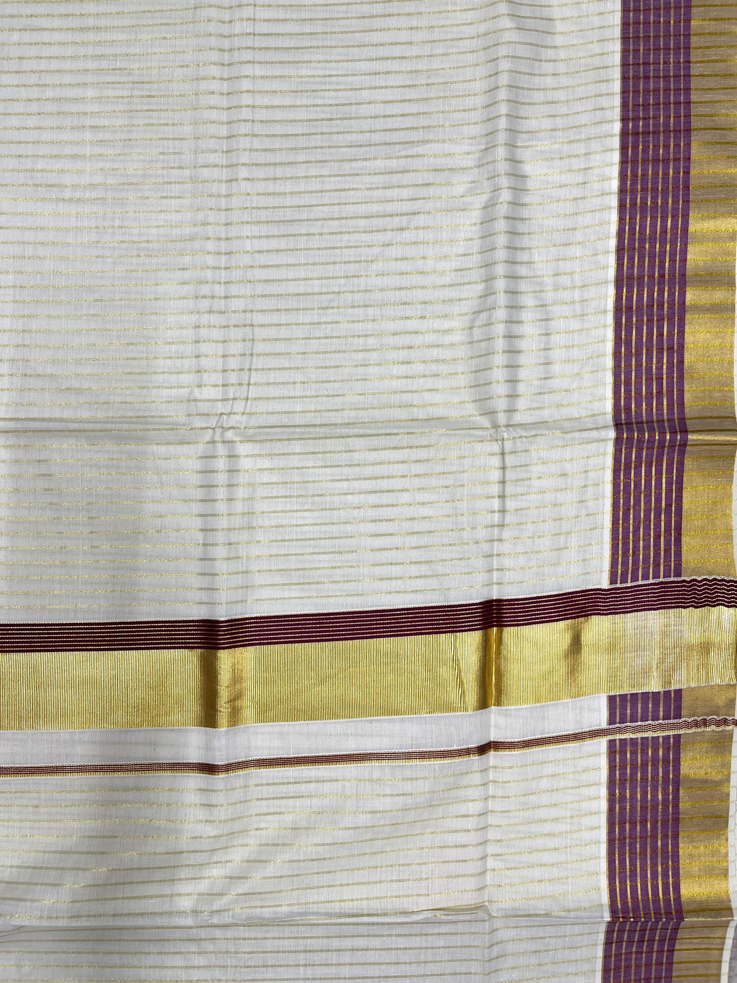 Southloom Pure Cotton Kerala Kasavu Lines Design Saree with Purple Border