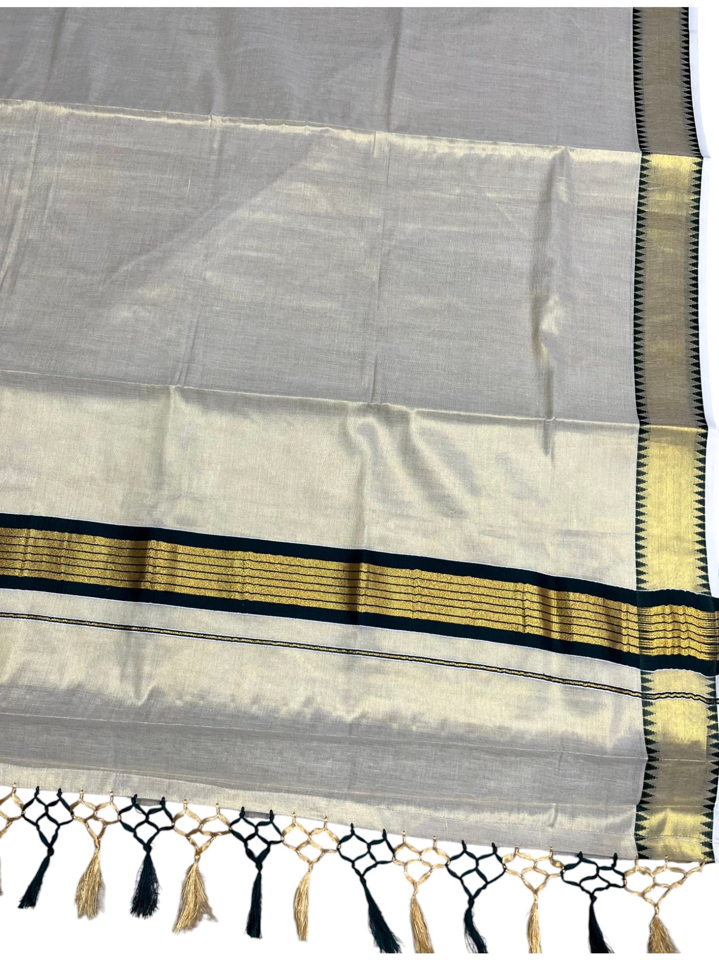 Southloom Kerala Tissue Kasavu Saree With Green Temple Woven Works on Border SL365