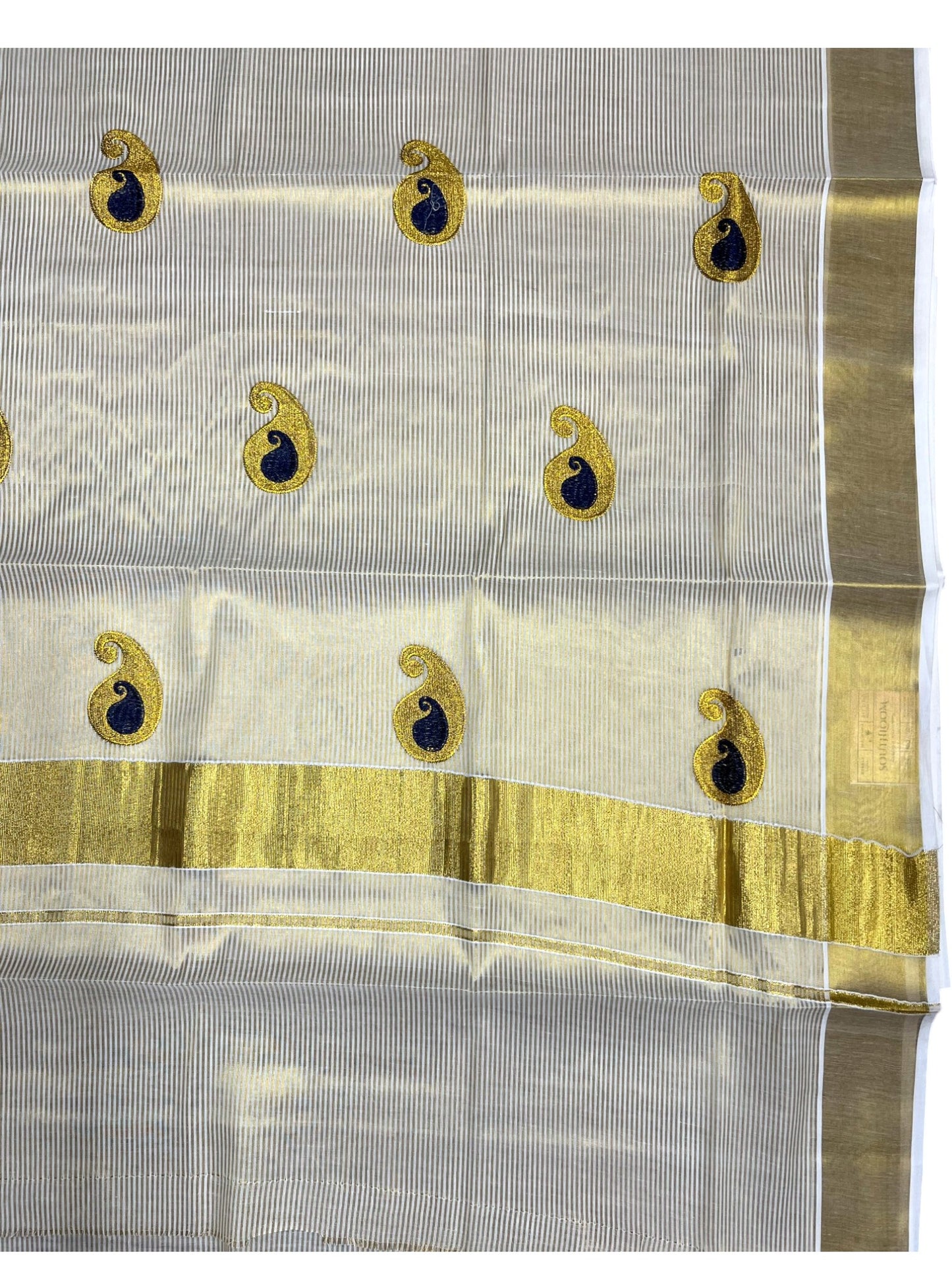 Southloom Kerala Tissue Kasavu Saree with Blue Embroidery Design
