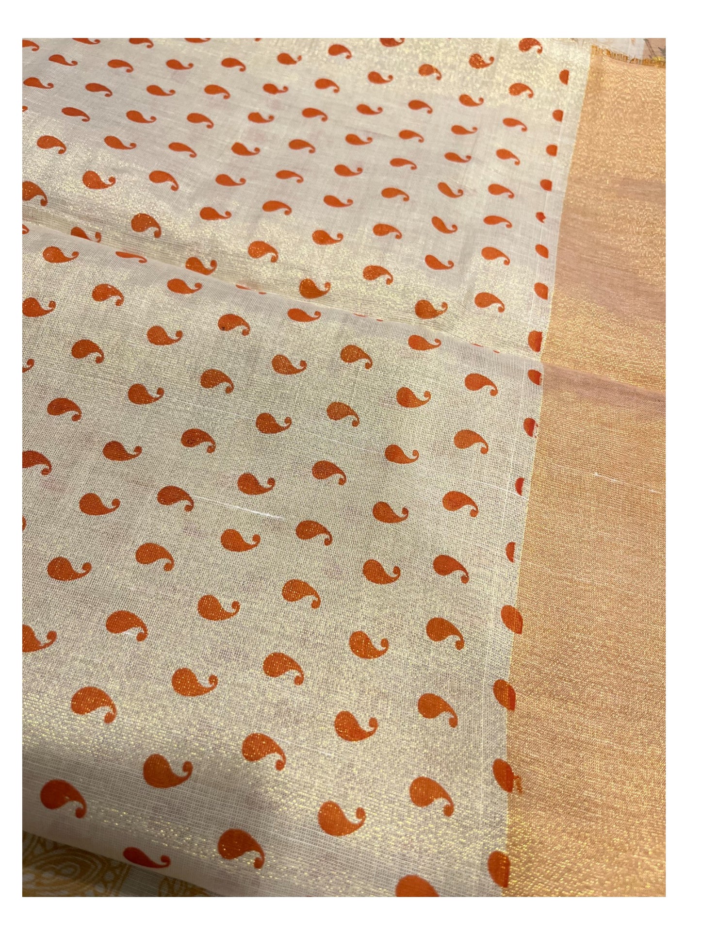 Southloom Kerala Tissue Kasavu Saree Orange Hand Printed