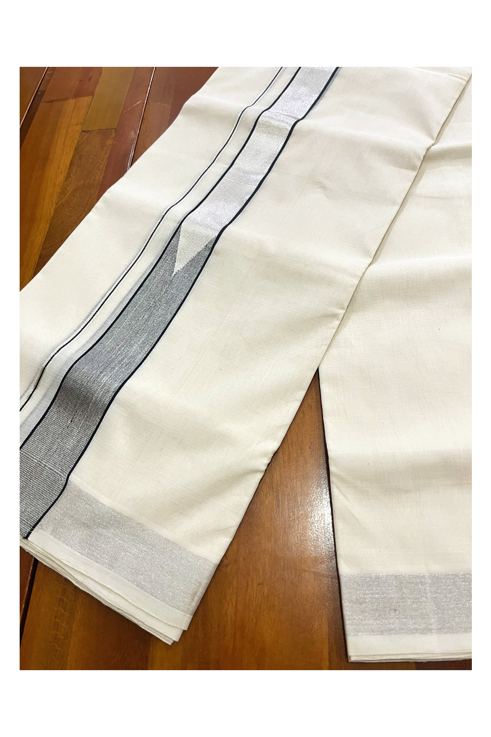 Premium Balaramapuram Unakkupaavu Handloom Mundu with Silver Kasavu and Black Border (South Indian Kerala Dhoti)