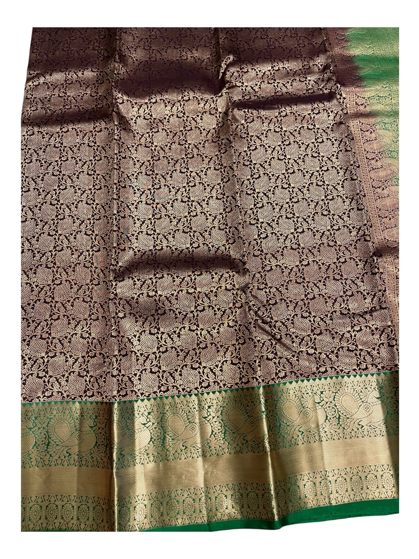 Southloom Pure Handloom Bridal Kanchipuram Silk Saree with Korvai Work (Brown & Green)