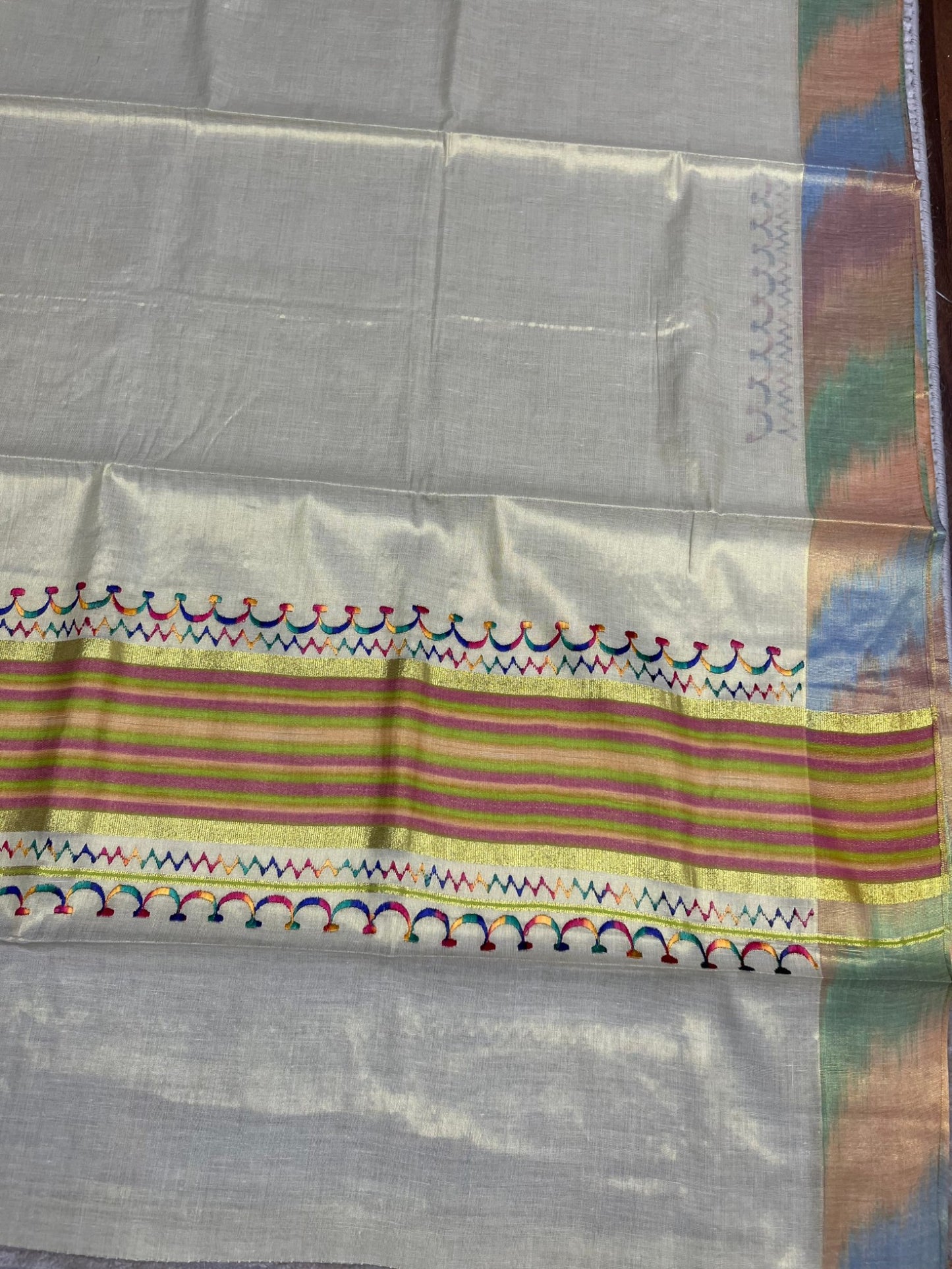 Southloom Kerala Tissue Kasavu Saree with Multi Colour Pochampally Design on Borders and Kara
