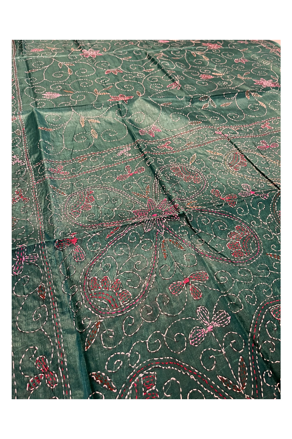 Southloom Kantha Thread Work Designer Green Saree