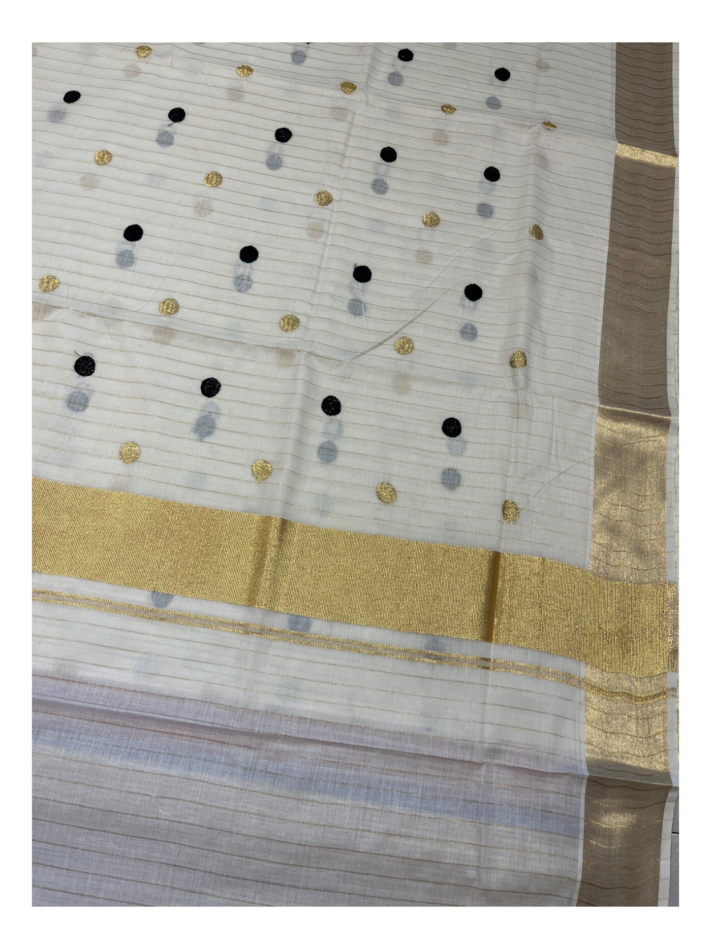 Southloom Kerala Pure Cotton Saree with Gold&Black Polka Embroidery Works on Body