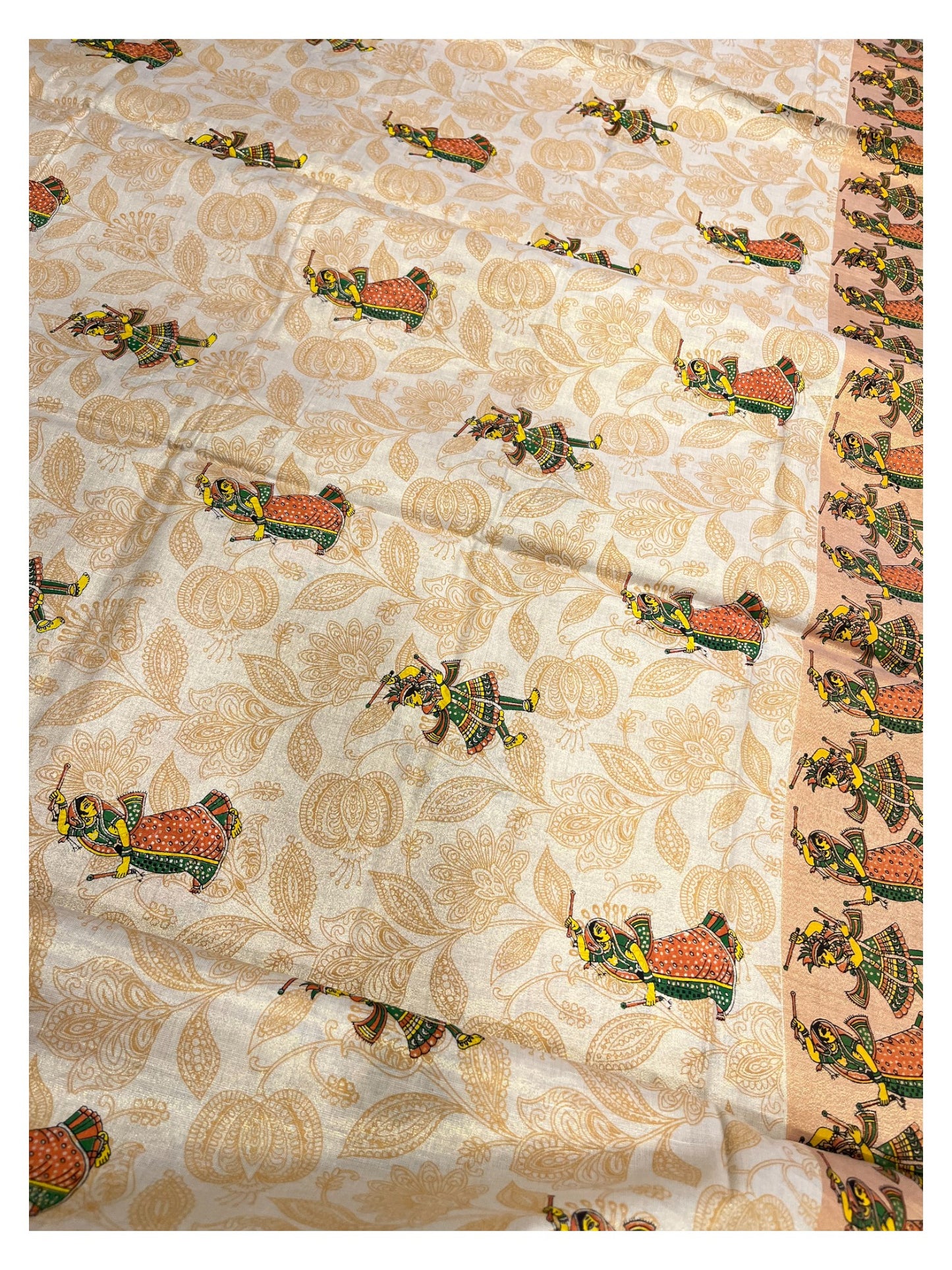 Southloom Kerala Tissue Kasavu Saree Orange Hand Printed