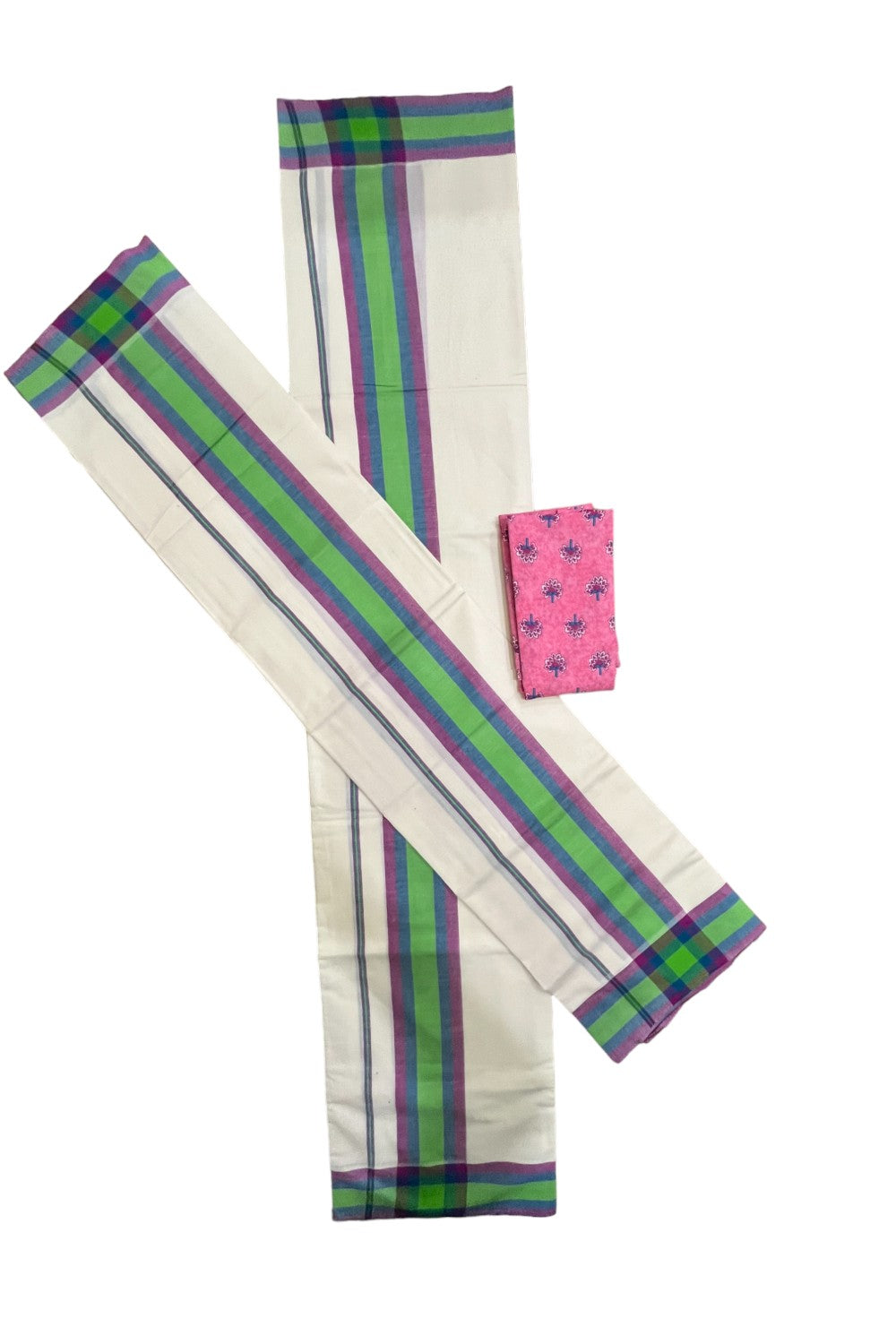 Southloom Mulloth Soft Cotton Green Magenta Border Set Mundu with Jaipur Printed Blouse Piece (2.60 M Neriyathu / Blouse 1 Meter)