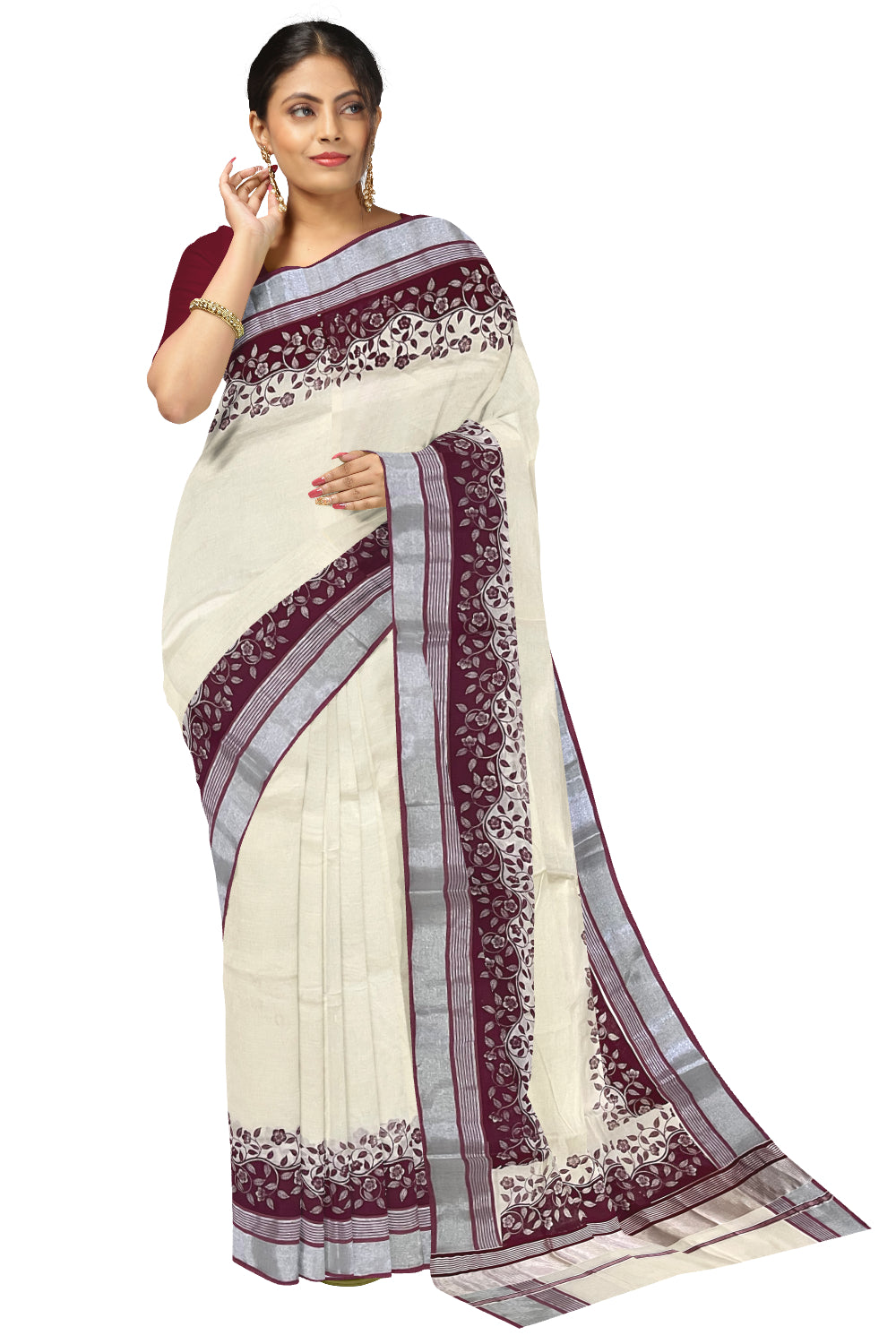 Kerala Cotton Saree with Maroon Floral Block Prints and Silver Kasavu Border (Onam Saree 2023)