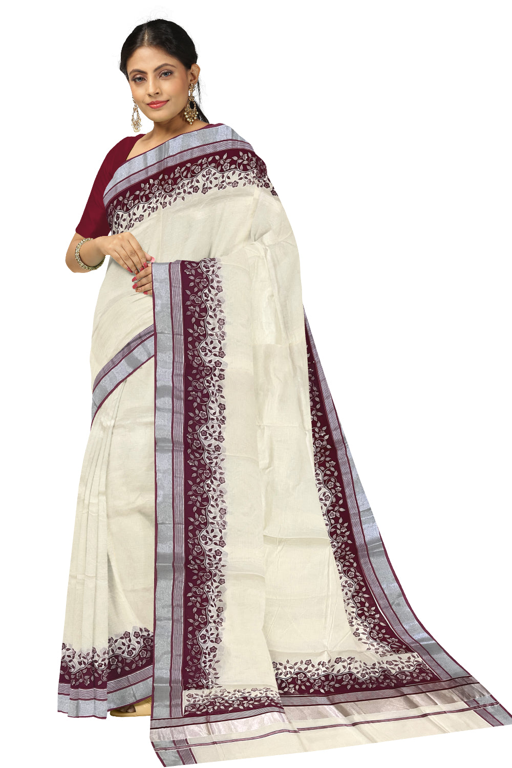 Kerala Cotton Saree with Maroon Floral Block Prints and Silver Kasavu Border (Onam Saree 2023)