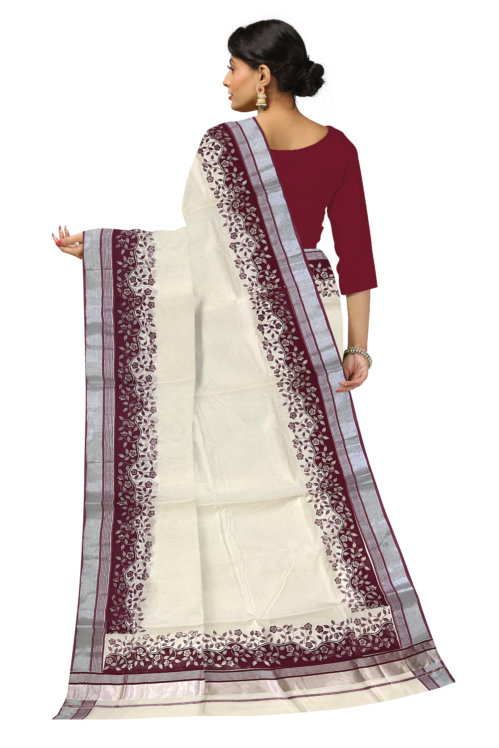 Kerala Cotton Saree with Maroon Floral Block Prints and Silver Kasavu Border (Onam Saree 2023)