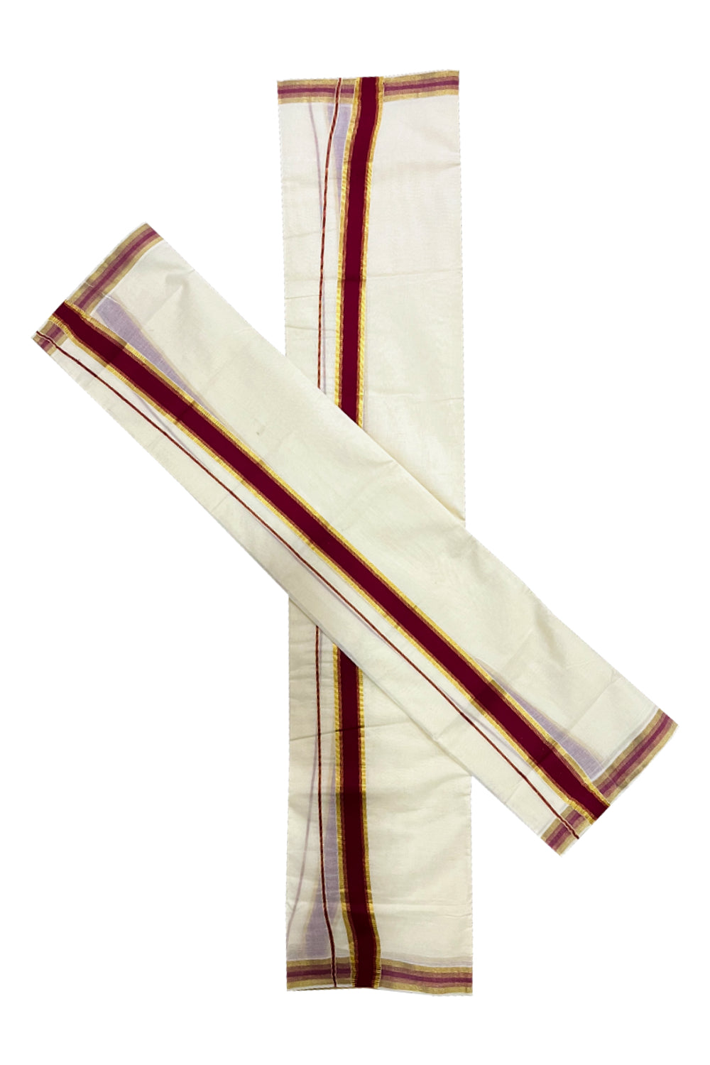 Pure Cotton Mundum Neriyathum Double (Set Mundu) with Maroon and Kasavu Border 2.80 Mtrs