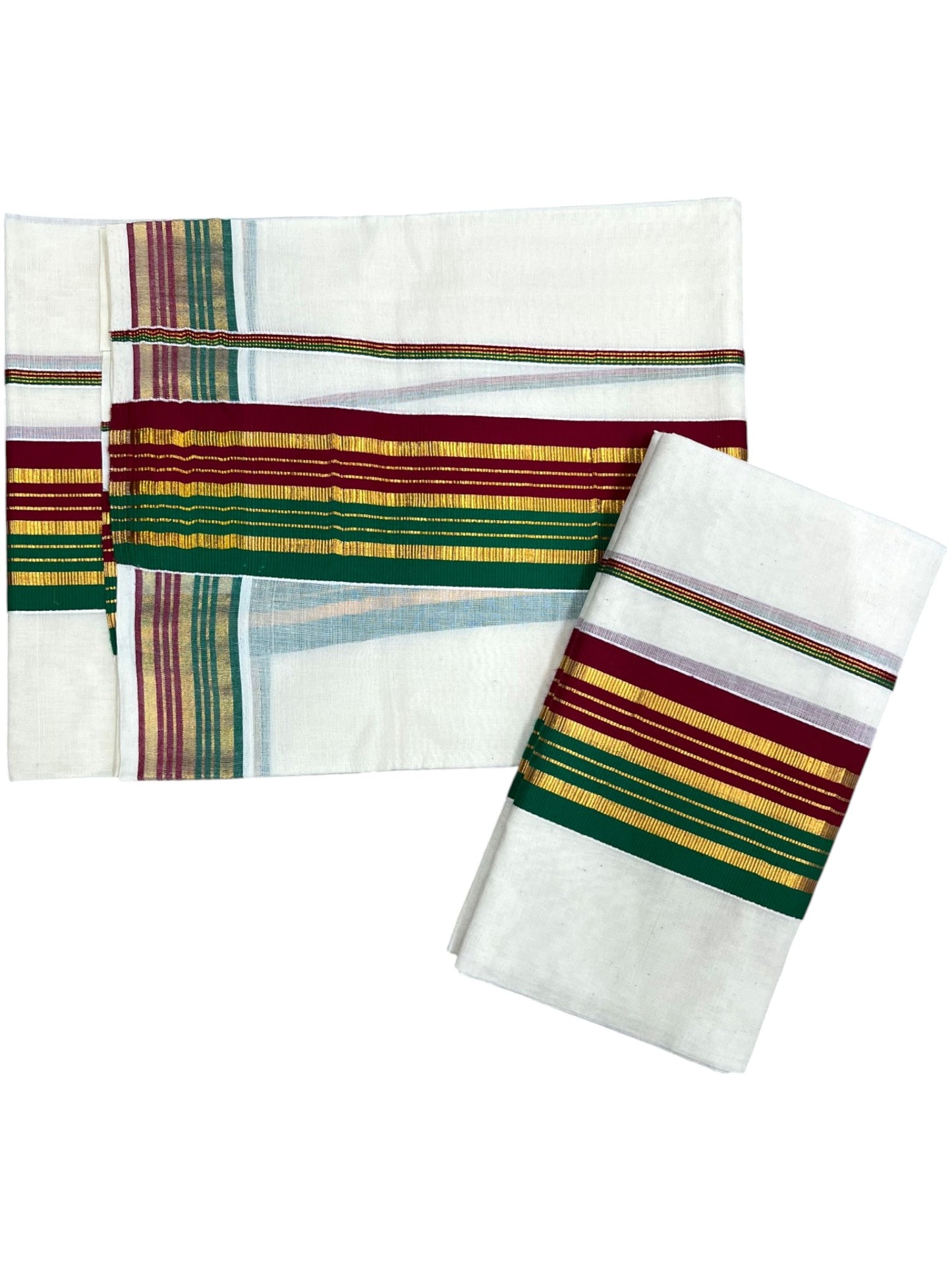 Kerala Cotton Kasavu Set Mundu (Mundum Neriyathum) with Maroon and Green Border 2.80 Mtrs SLKK SL470