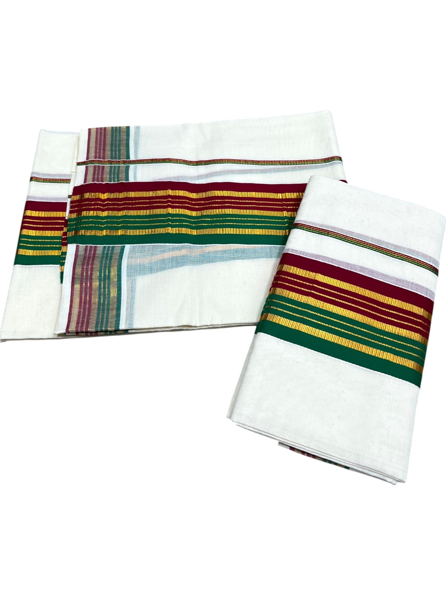 Kerala Cotton Kasavu Set Mundu (Mundum Neriyathum) with Maroon and Green Border 2.80 Mtrs SLKK SL470