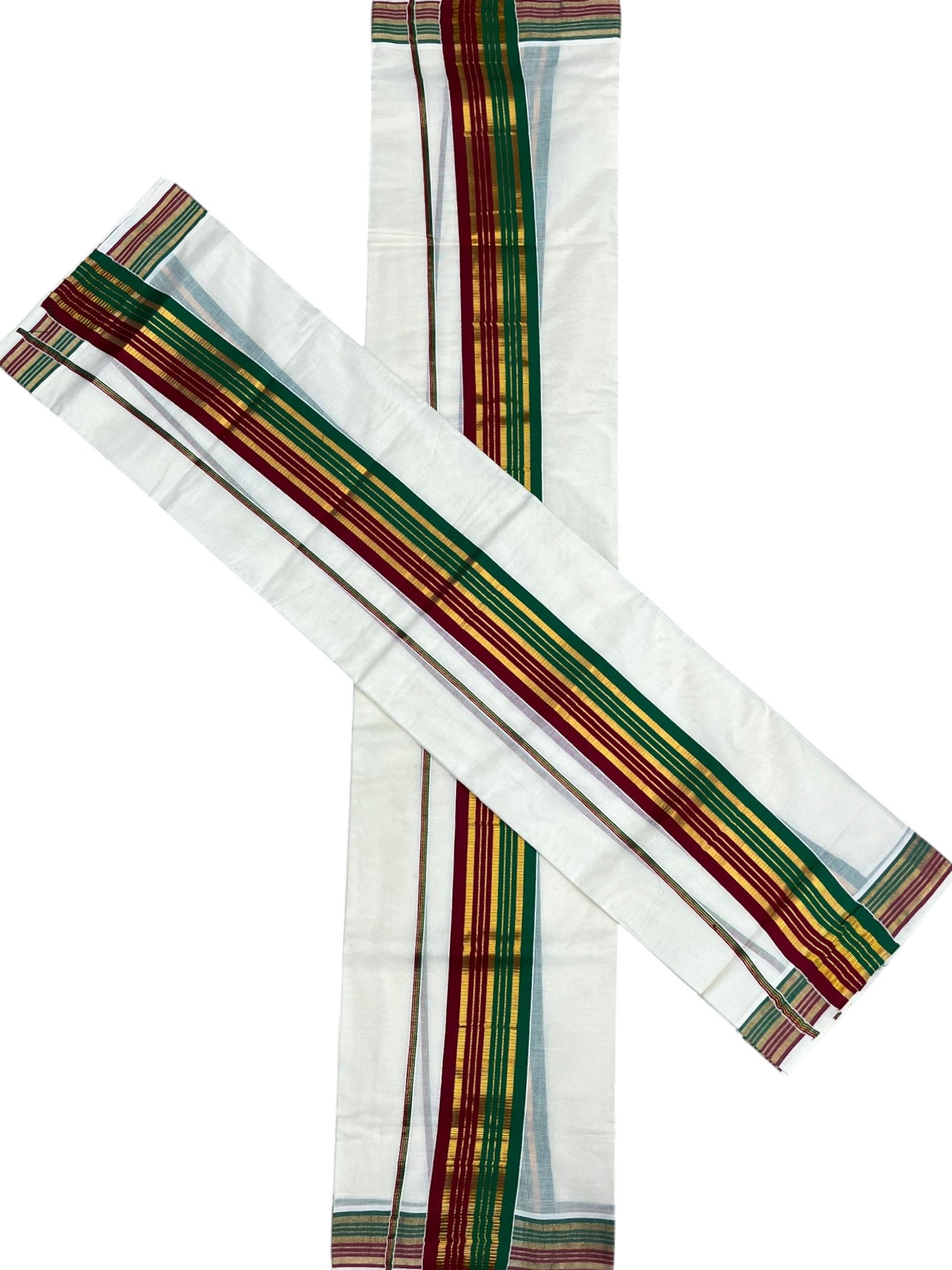 Kerala Cotton Kasavu Set Mundu (Mundum Neriyathum) with Maroon and Green Border 2.80 Mtrs SLKK SL470