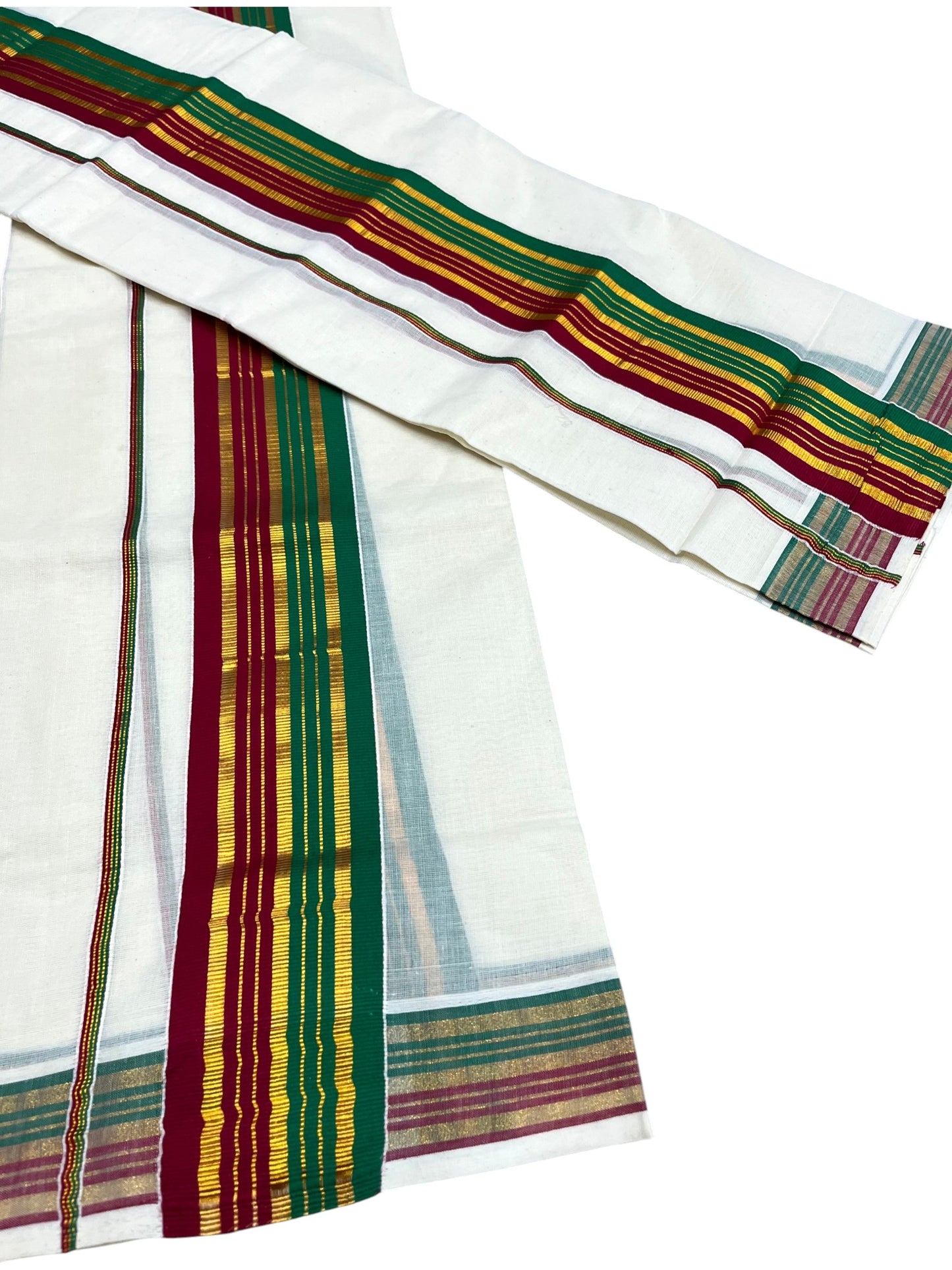 Kerala Cotton Kasavu Set Mundu (Mundum Neriyathum) with Maroon and Green Border 2.80 Mtrs SLKK SL470