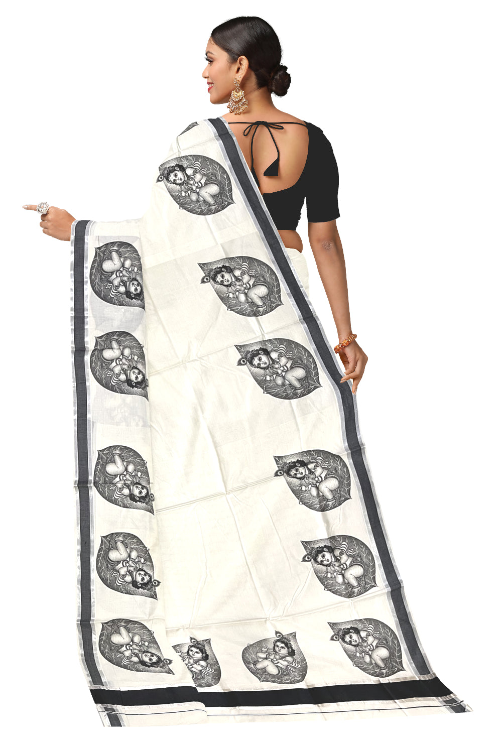 Pure Cotton Kerala Silver Kasavu Saree with Baby Krishna Mural Prints and Black Border (Onam Saree 2023)