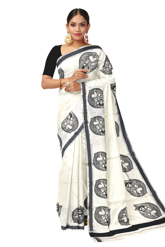 Pure Cotton Kerala Silver Kasavu Saree with Baby Krishna Mural Prints and Black Border (Onam Saree 2023)