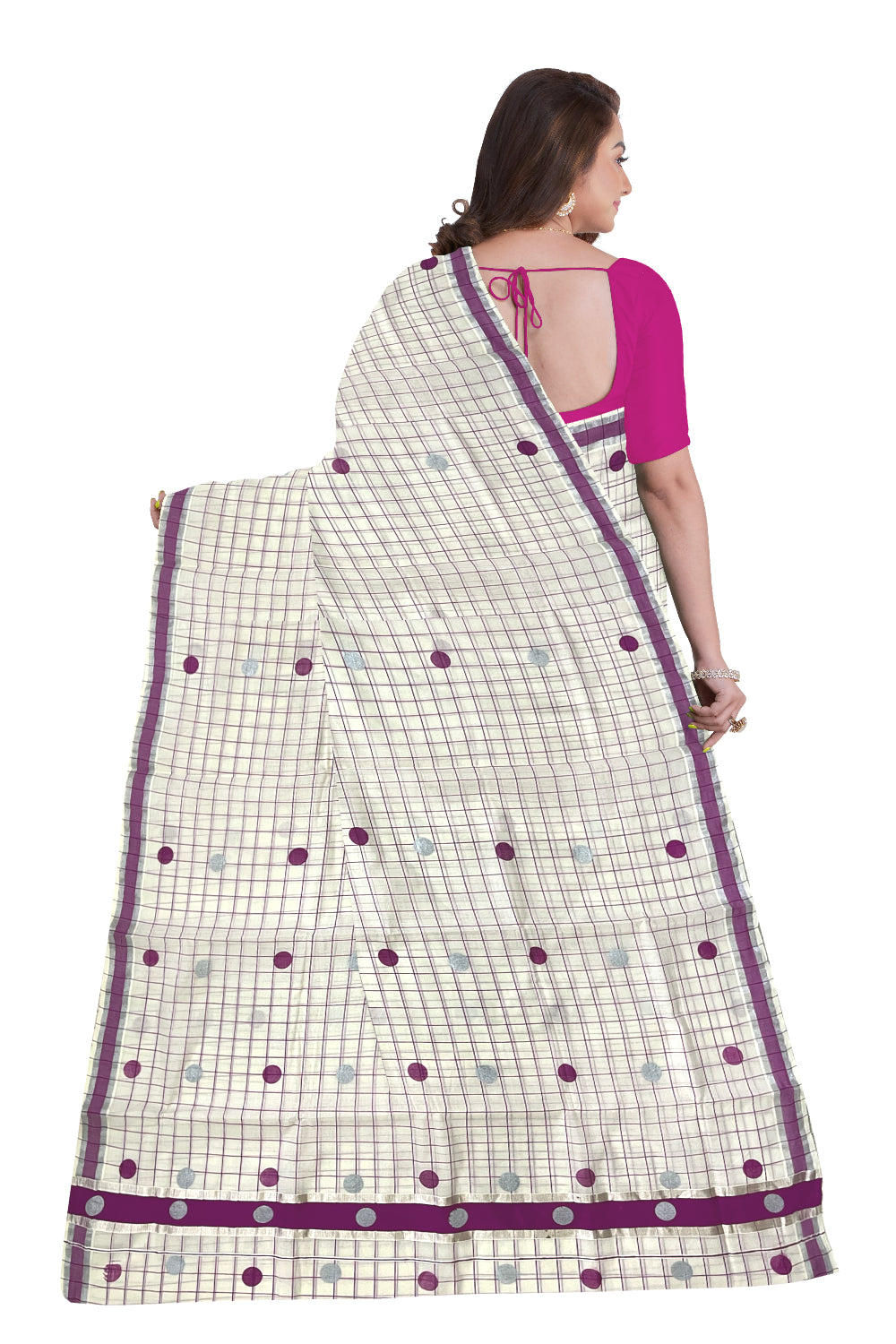 Kerala Pure Cotton Check Designs Saree with Silver and Magenta Polka Prints