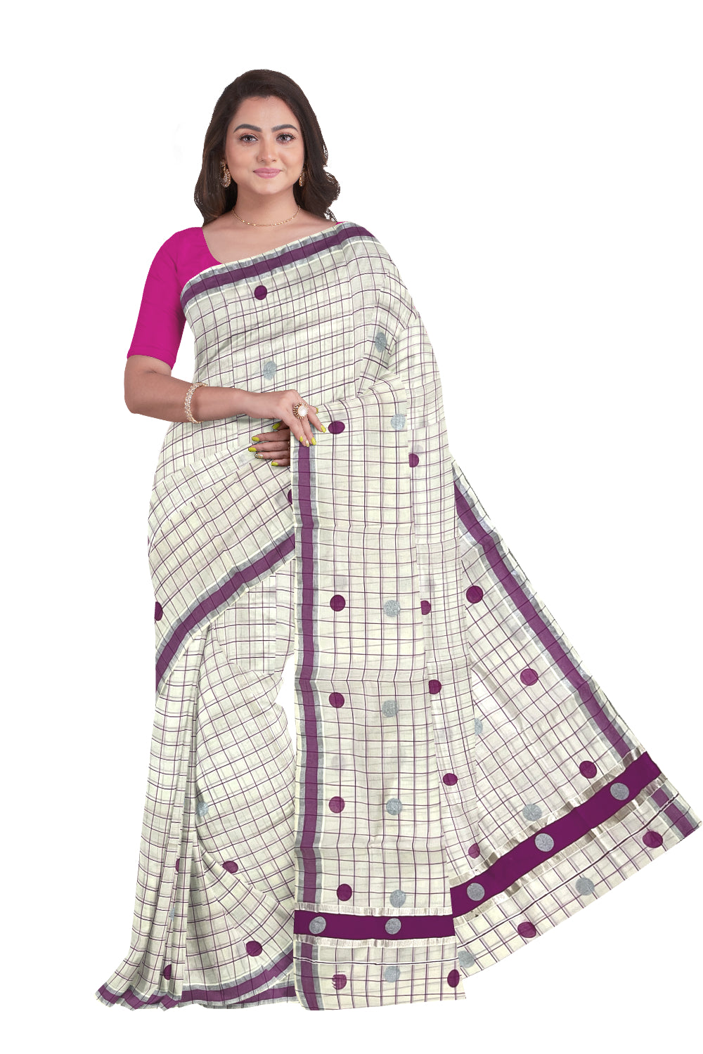 Kerala Pure Cotton Check Designs Saree with Silver and Magenta Polka Prints