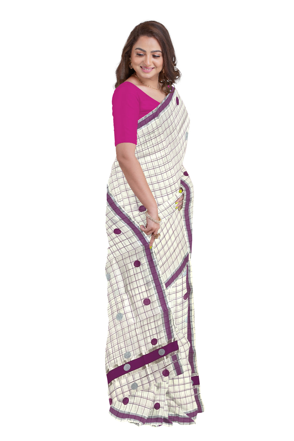 Kerala Pure Cotton Check Designs Saree with Silver and Magenta Polka Prints