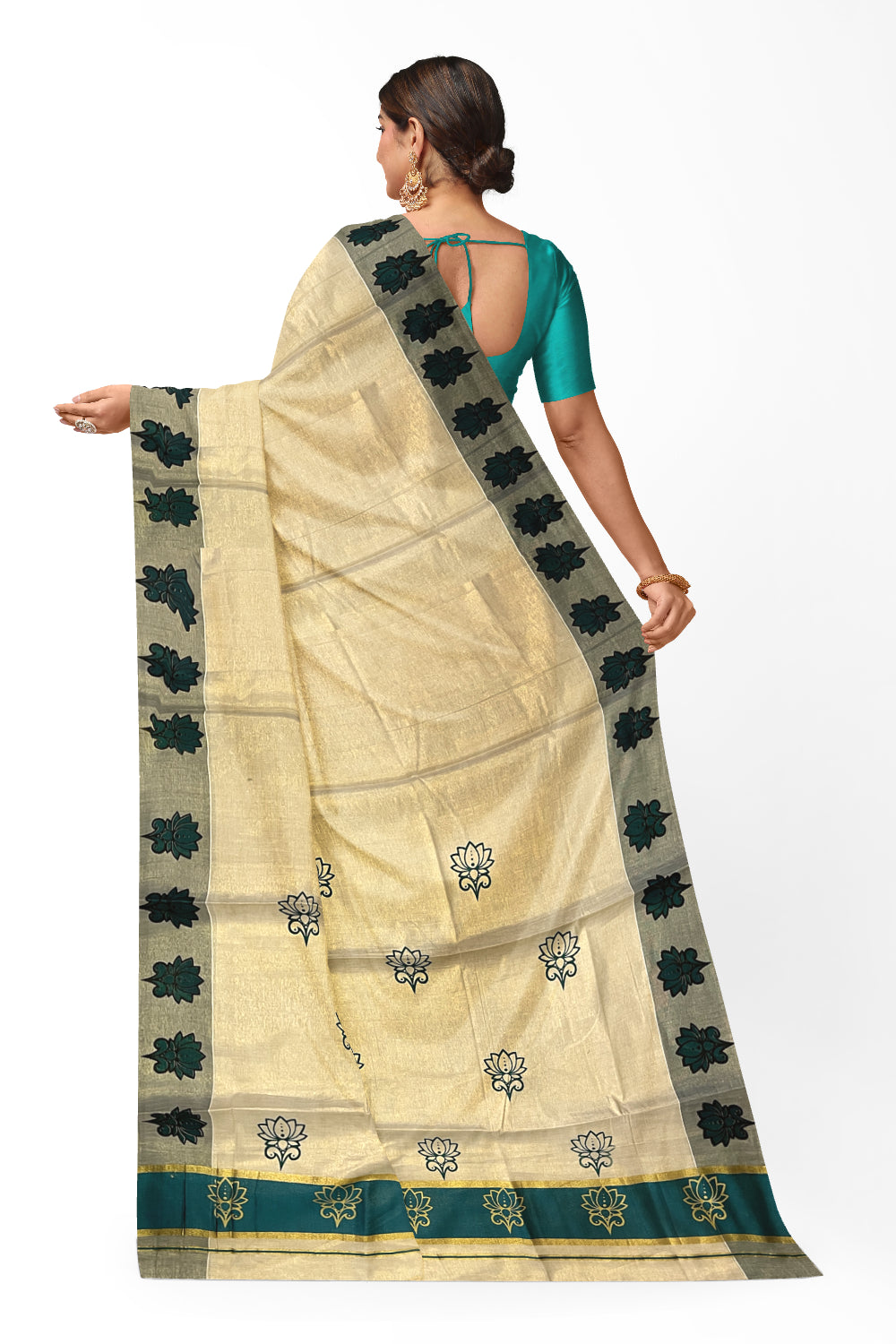 Kerala Tissue Kasavu Saree with Green and Golden Block Prints and Green Border