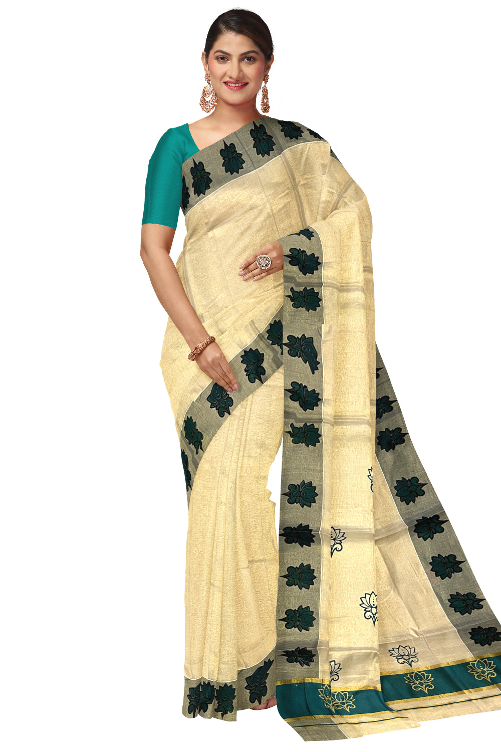 Kerala Tissue Kasavu Saree with Green and Golden Block Prints and Green Border