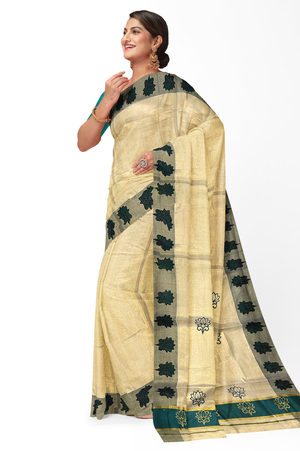 Kerala Tissue Kasavu Saree with Green and Golden Block Prints and Green Border