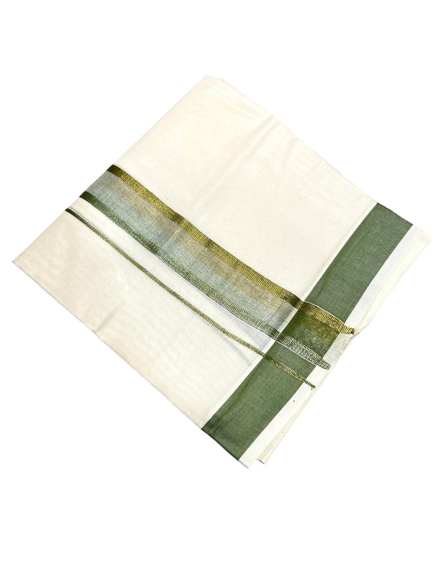 Southloom Kerala Pure Cotton Double Mundu with Green Border (South Indian Dhoti)