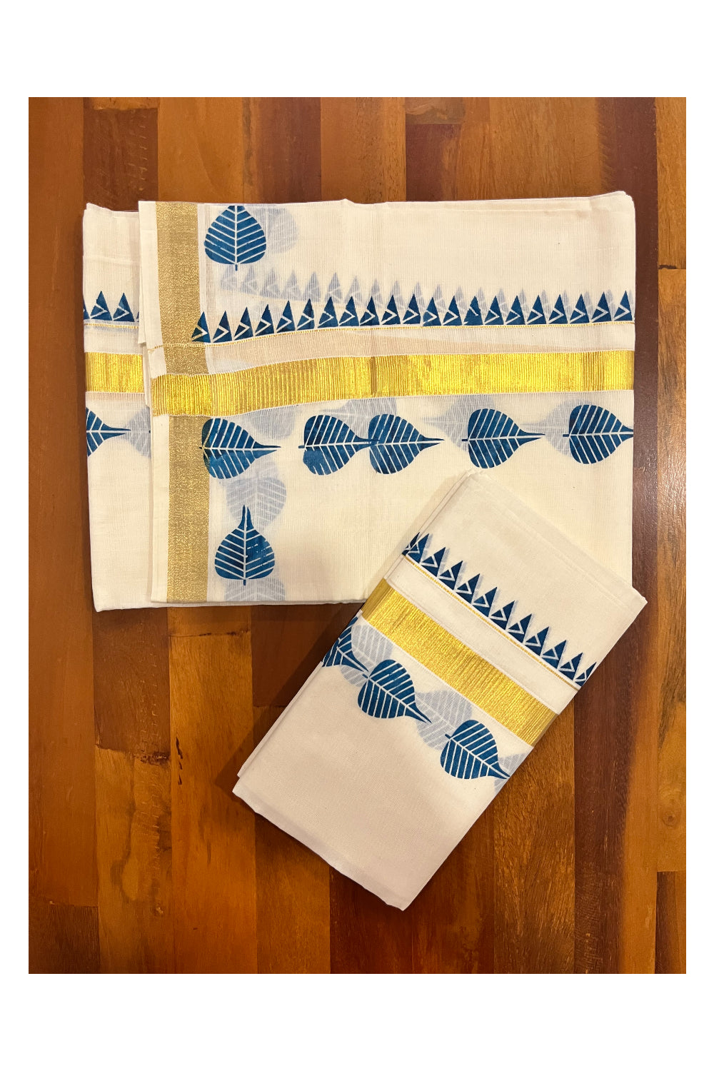 Kerala Pure Cotton Kasavu Set Mundu Single (Mundum Neriyathum) with Blue Block Prints and Temple Border 2.80 Mtrs