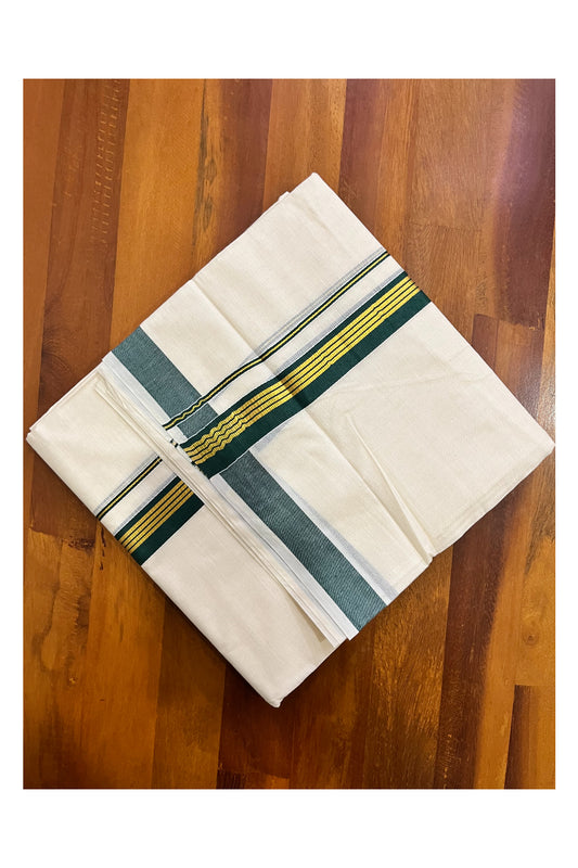 Off White Kerala Cotton Double Mundu with Kasavu and Green Border (South Indian Kerala Dhoti)