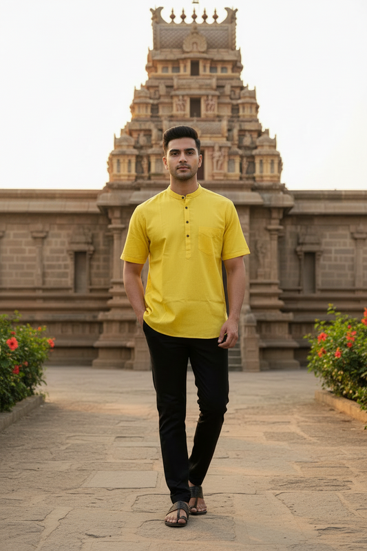 Southloom Yellow Short Cotton Kurta Shirt for Men