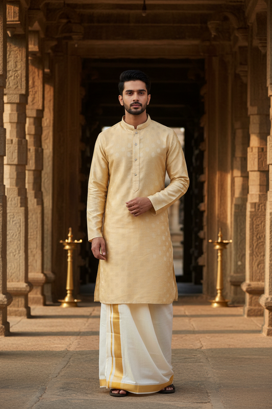Southloom Semi Silk Short Kurta for Men in Beige Colour
