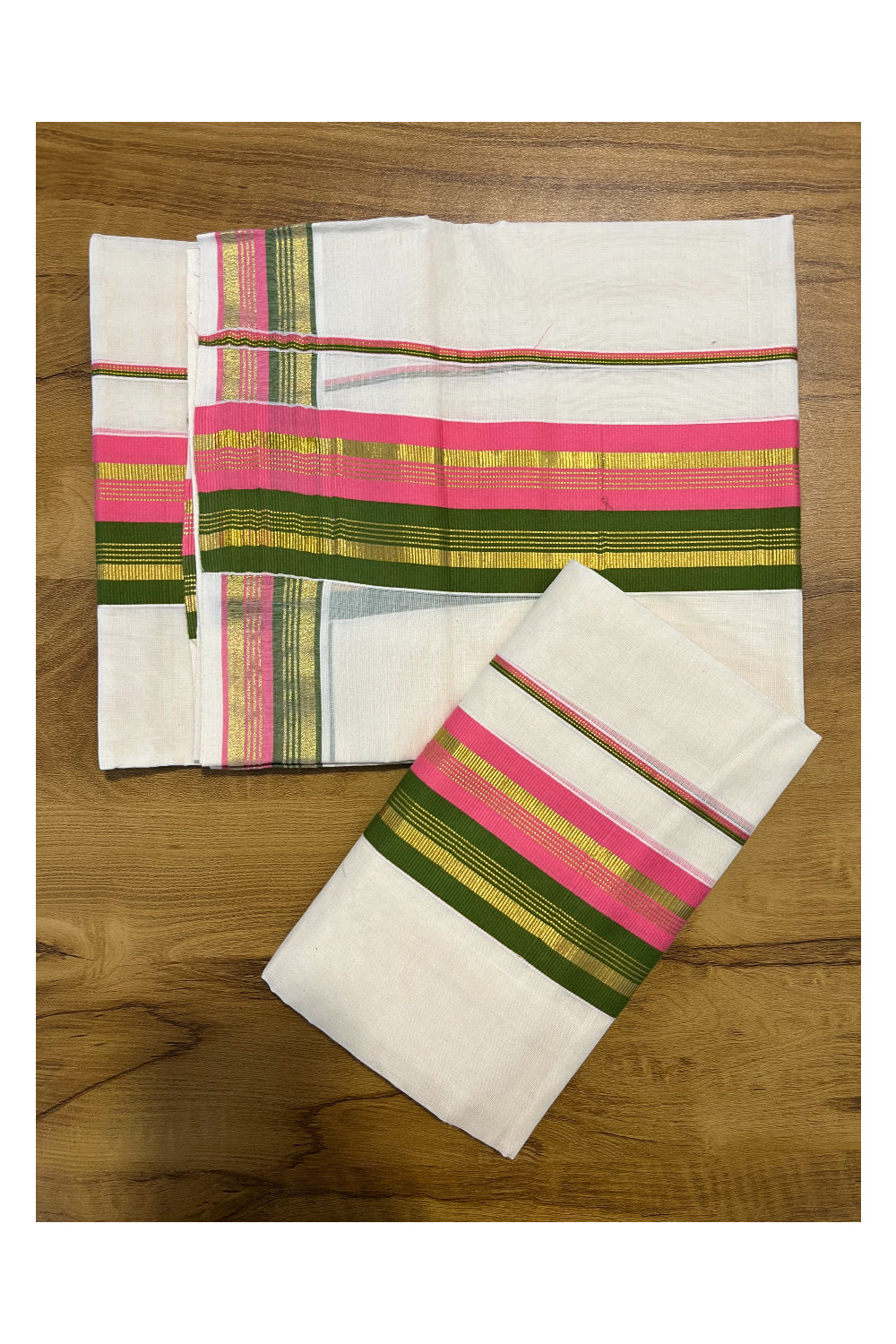 Kerala Cotton Kasavu Set Mundu (Mundum Neriyathum) with Pink Olive Green Border 2.80 Mtrs